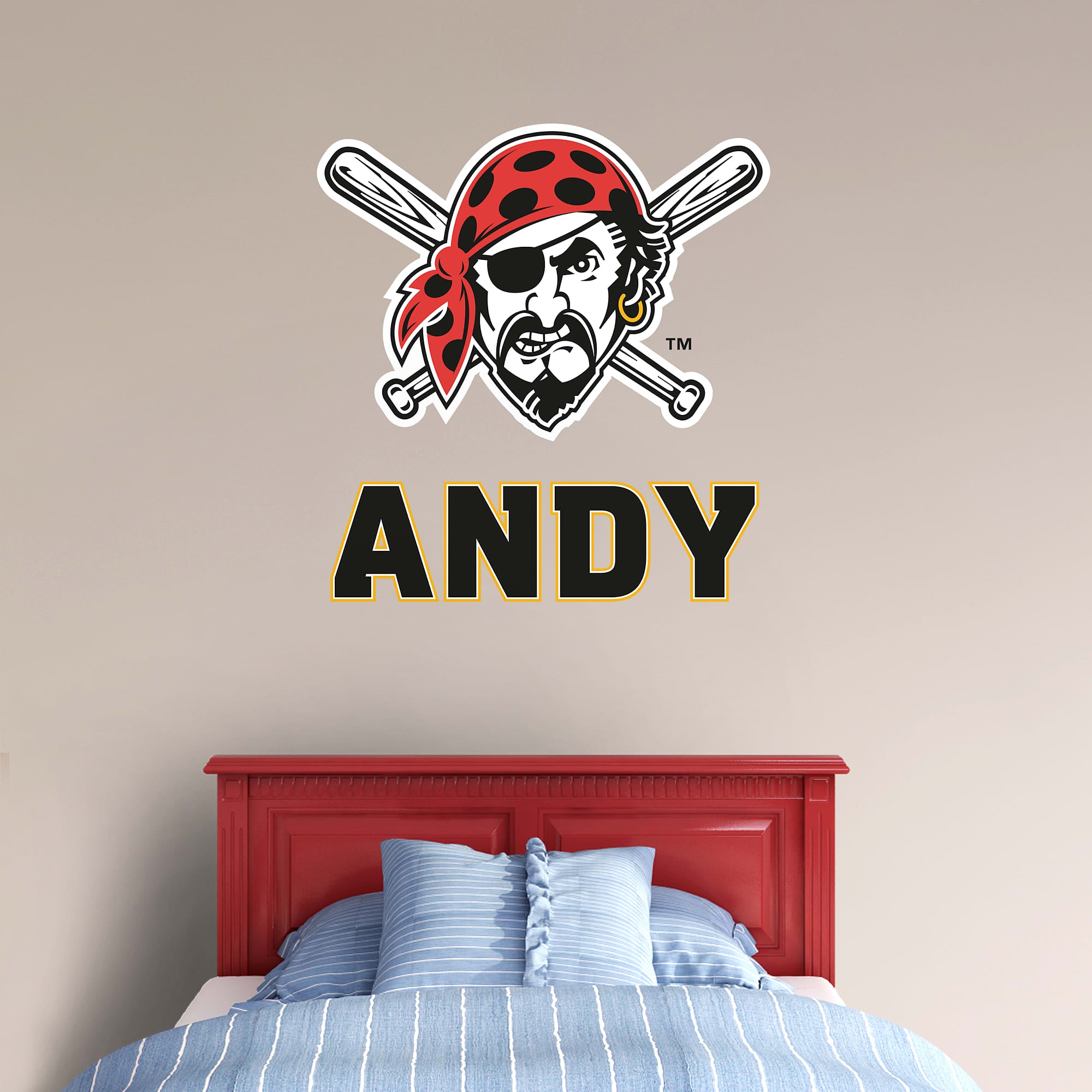 Pittsburgh Pirates: Pirate Head Stacked Personalized Name - Officially Licensed MLB Transfer Decal in Black (52"W x 39.5"H) by F