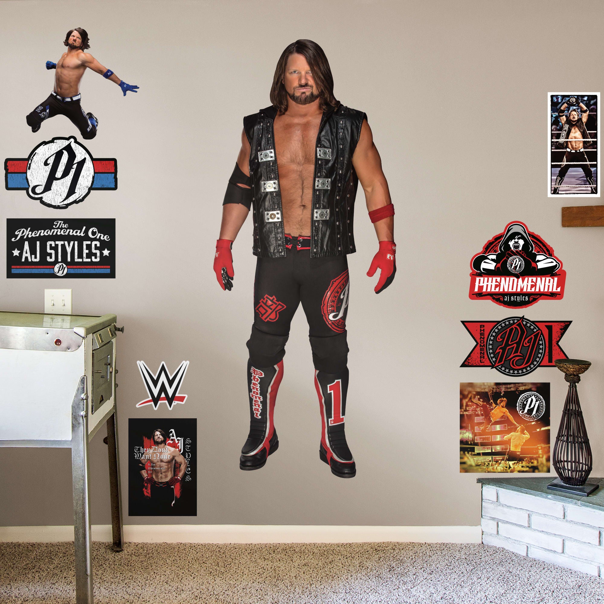 AJ Styles for WWE - Officially Licensed Removable Wall Decal Life-Size Superstar + 10 Decals (31"W x 75"H) by Fathead | Vinyl