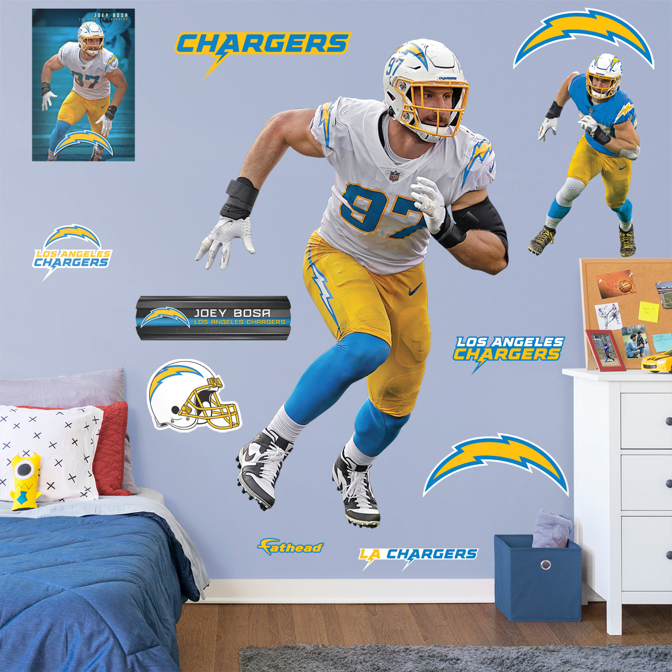 Joey Bosa 2020 - Officially Licensed NFL Removable Wall Decal Life-Size Athlete + 11 Decals (48"W x 75"H) by Fathead | Vinyl