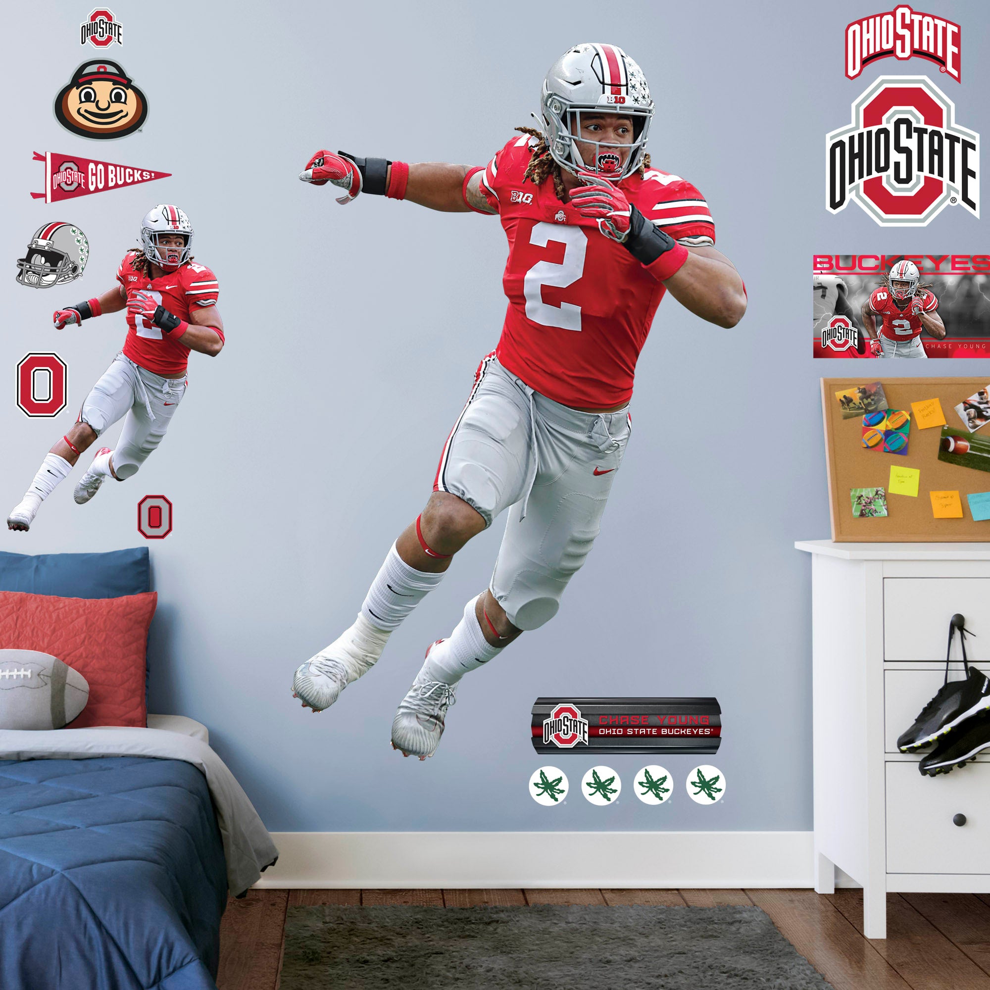 Chase Young for Ohio State Buckeyes: Ohio State - Officially Licensed Removable Wall Decal Life-Size Athlete + 20 Decals (50"W x