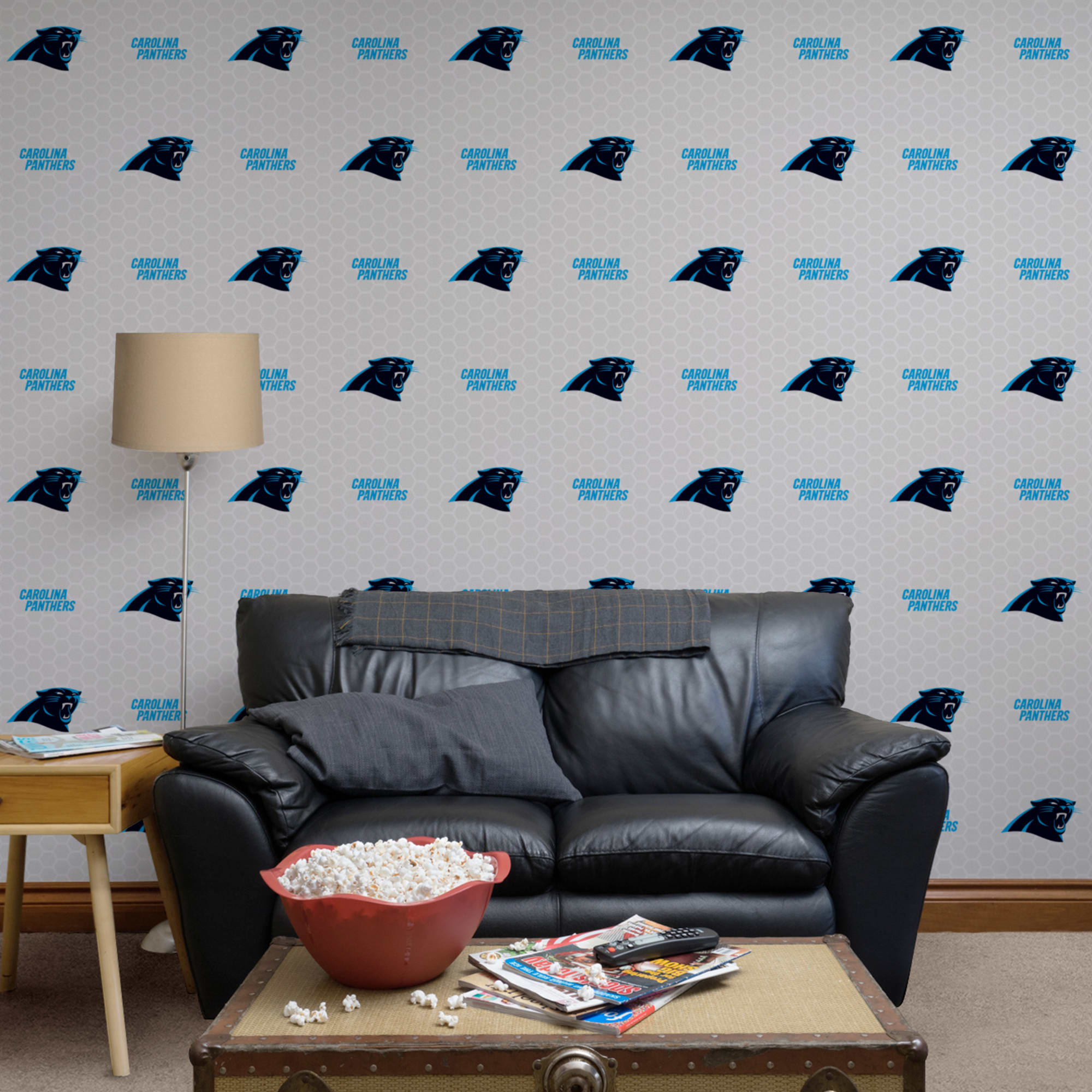 Carolina Panthers: Logo Pattern - Officially Licensed NFL Removable Wallpaper 12" x 12" Sample by Fathead | 100% Vinyl