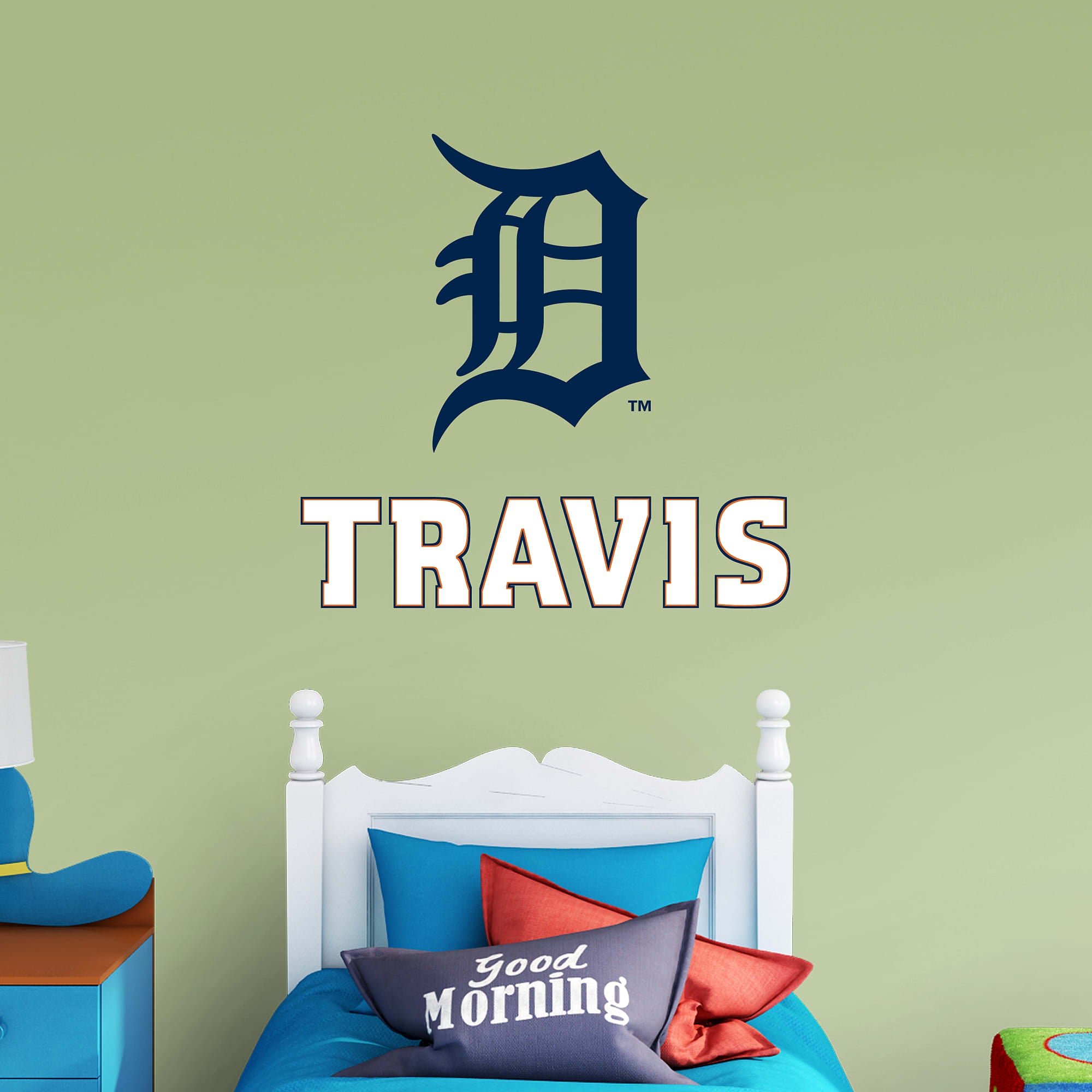 Detroit Tigers: Old English "D" Stacked Personalized Name - Officially Licensed MLB Transfer Decal in Navy/White (52"W x 39.5"H)