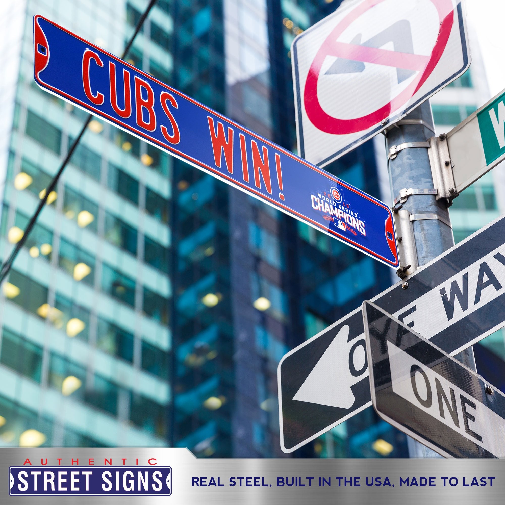 Chicago Cubs Steel Street Sign with Logo-CUBS WIN w/ WS 2016 Logo 36" W x 6" H by Fathead