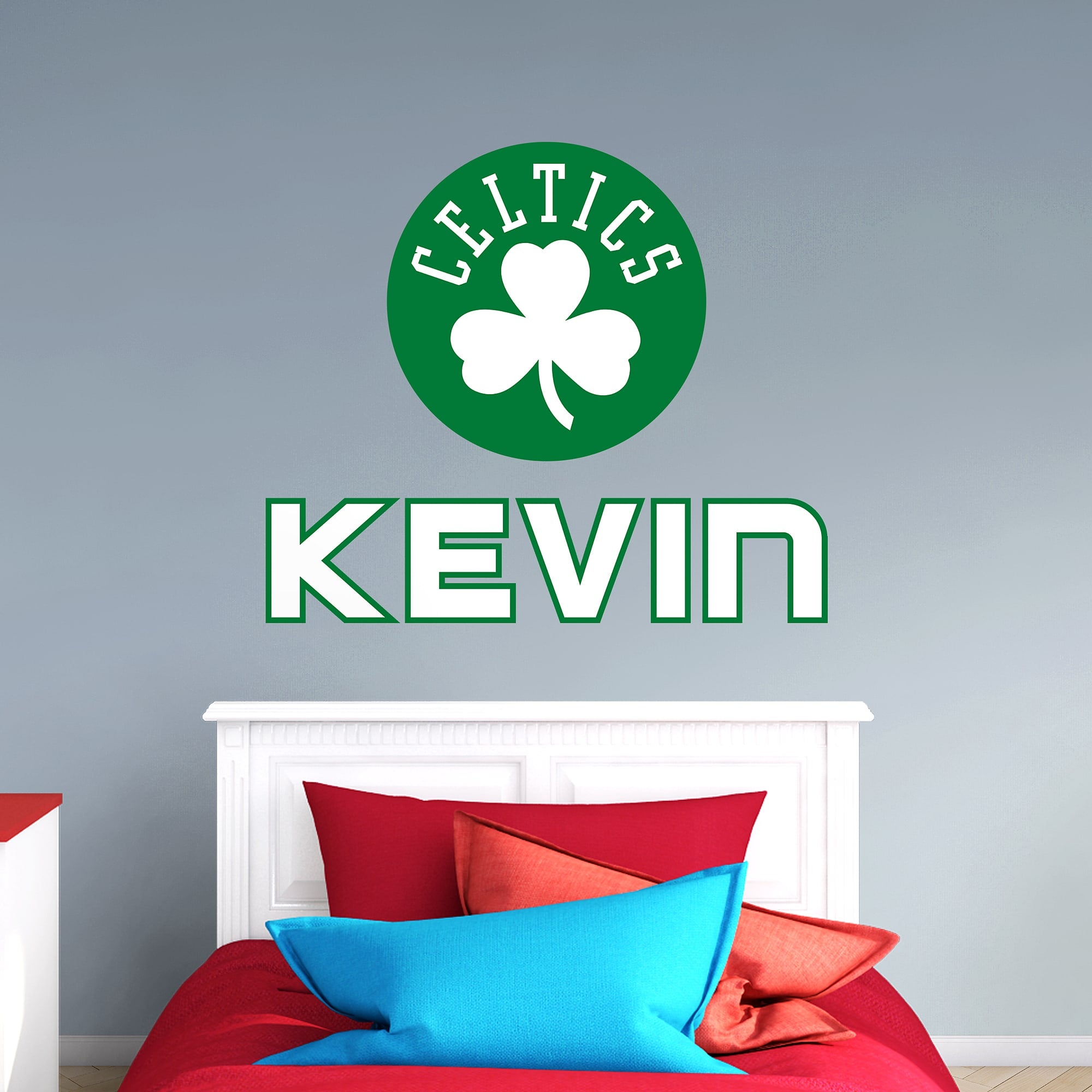 Boston Celtics: Shamrock Stacked Personalized Name - Officially Licensed NBA Transfer Decal in White (52"W x 39.5"H) by Fathead