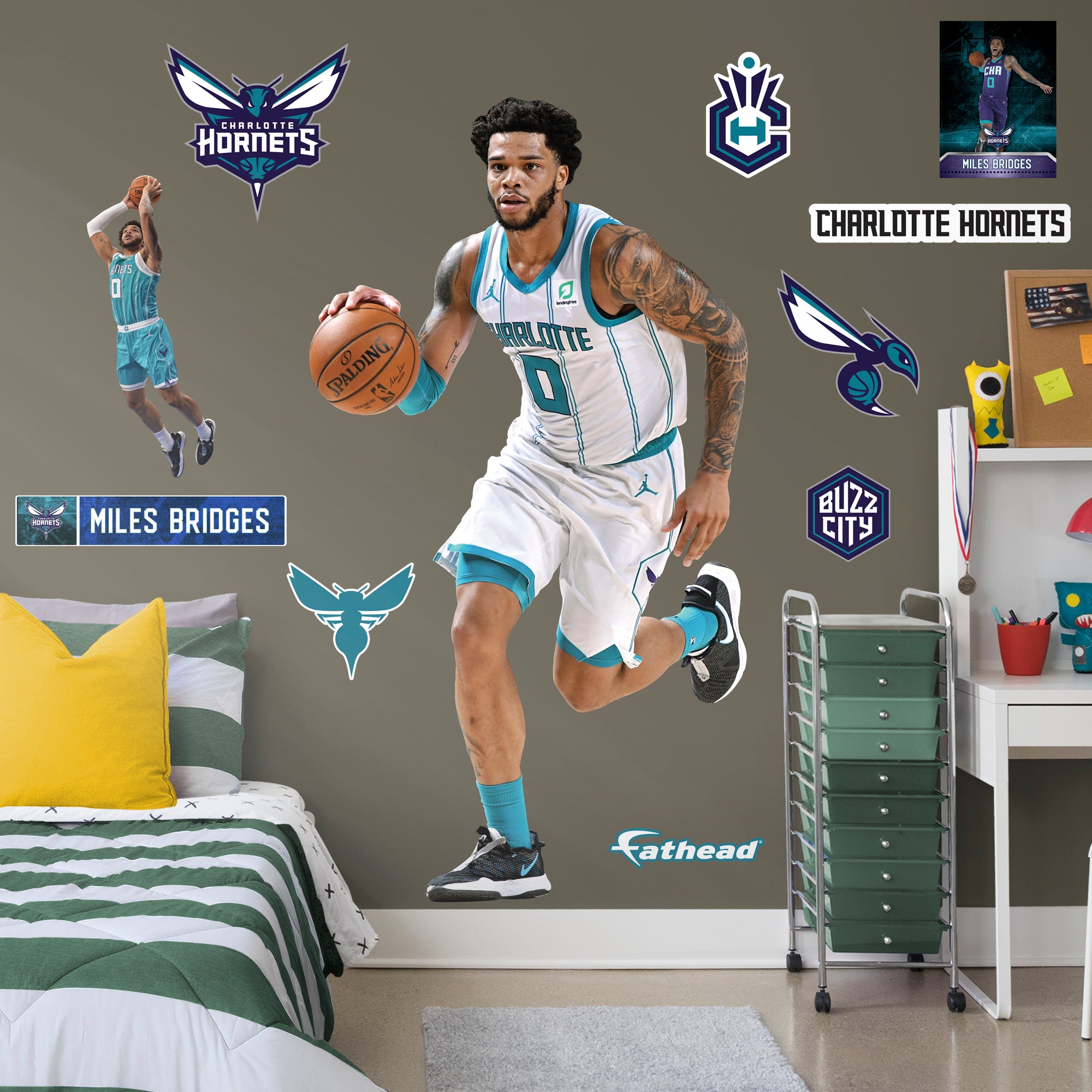 Miles Bridges 2021 for Charlotte Hornets - Officially Licensed NBA Removable Wall Decal Life-Size Athlete + 10 Decals (78"W x 42