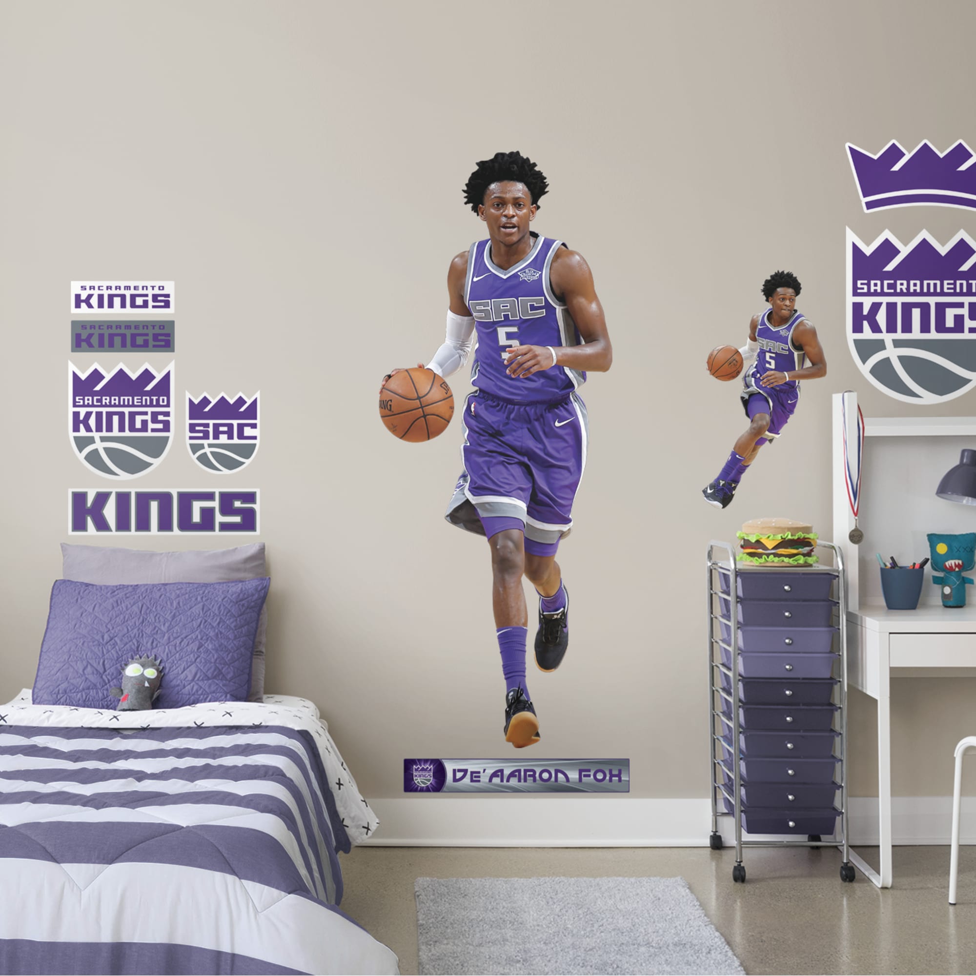 DeAaron Fox for Sacramento Kings - Officially Licensed NBA Removable Wall Decal Life-Size Athlete + 10 Decals (31"W x 78"H) by