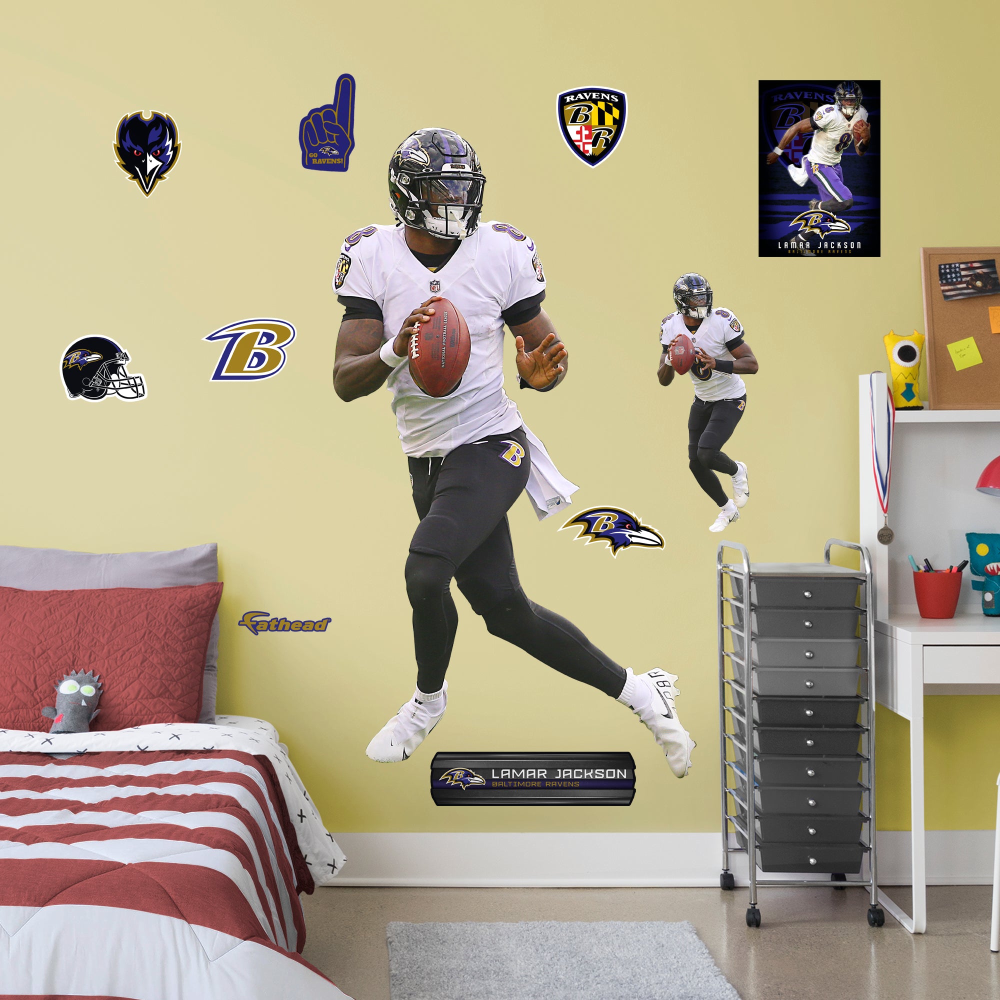 Lamar Jackson 2020 White Jersey - Officially Licensed NFL Removable Wall Decal Life-Size Athlete + 9 Decals (43"W x 77"H) by Fat