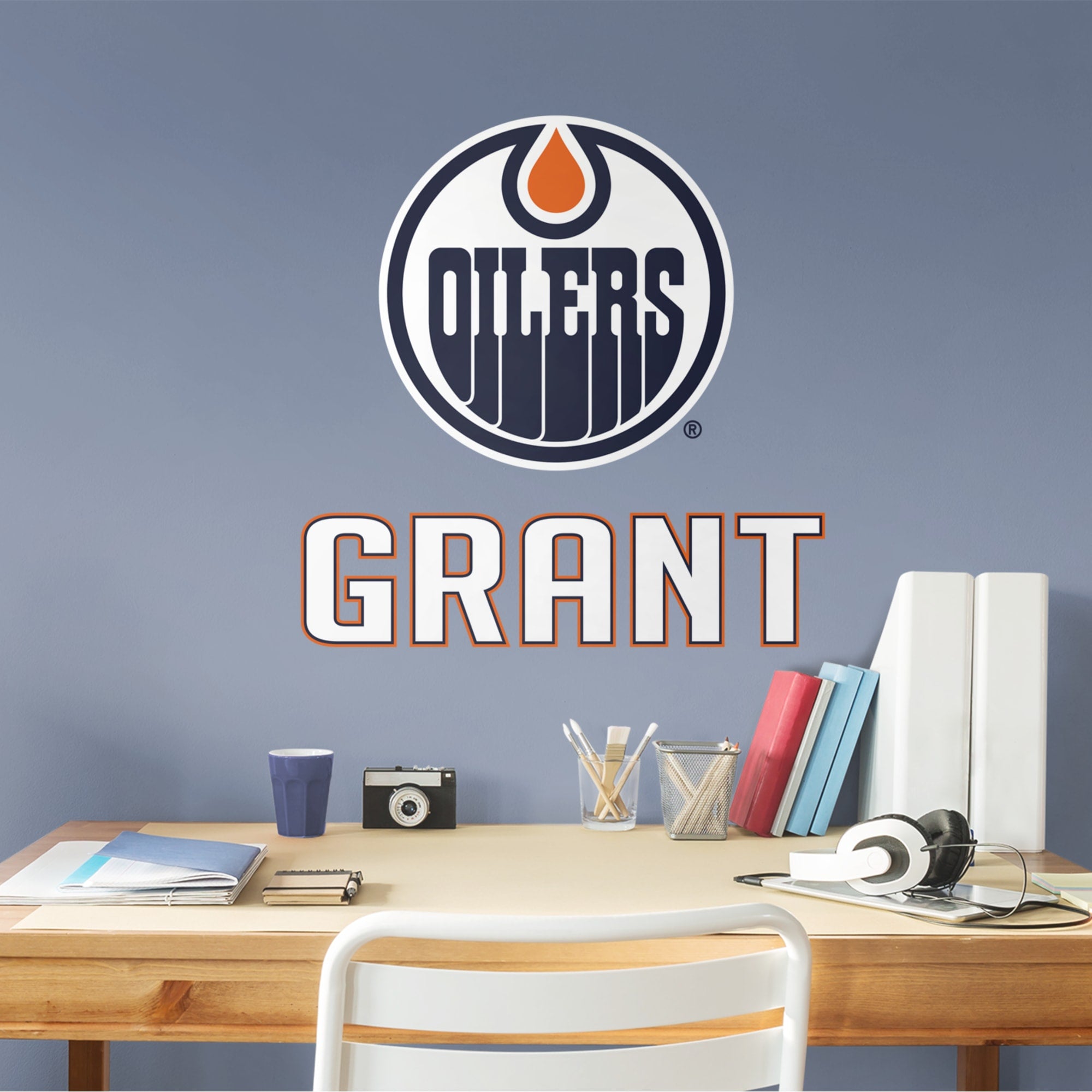 Edmonton Oilers Stacked Personalized Name - Officially Licensed NHL Transfer Decal in White (22"W x 22"H) by Fathead | Vinyl