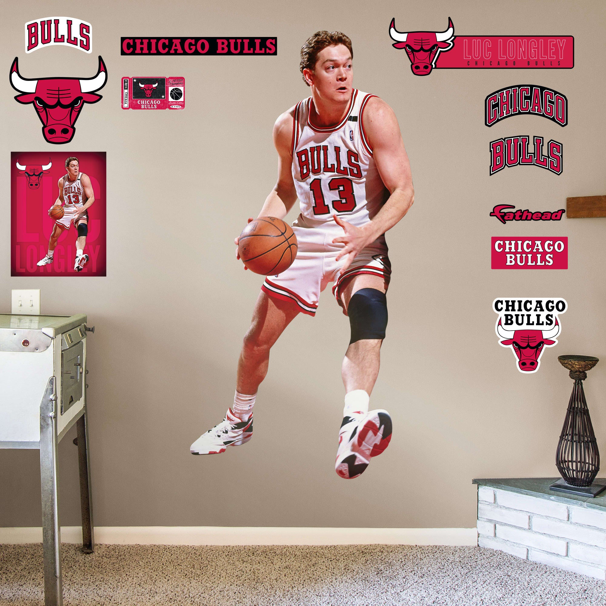 Luc Longley for Chicago Bulls - Officially Licensed NBA Removable Wall Decal Life-Size Athlete + 10 Decals (39"W x 78"H) by Fath