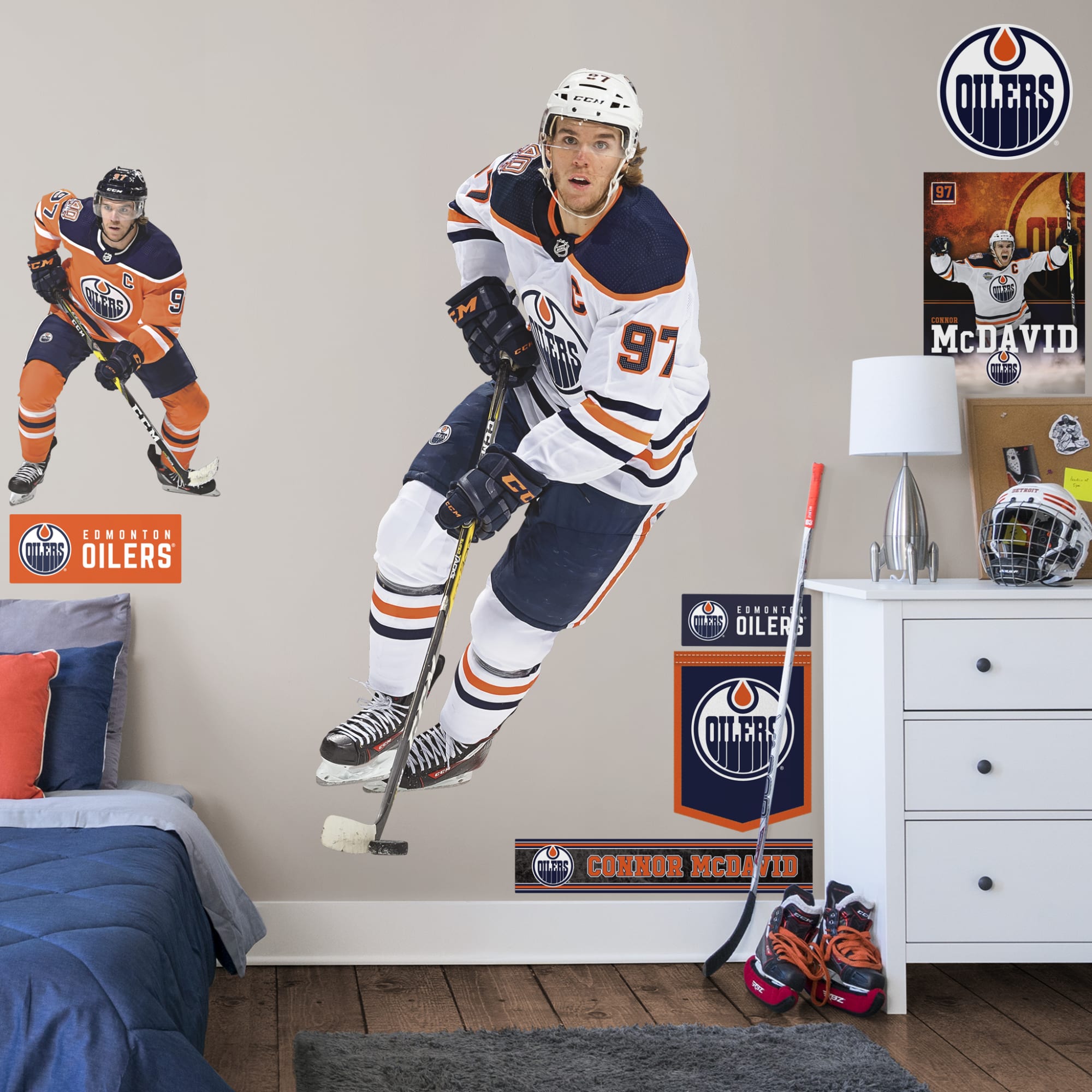 Connor McDavid for Edmonton Oilers: Away - Officially Licensed NHL Removable Wall Decal Life-Size Athlete + 8 Team Decals (39"W