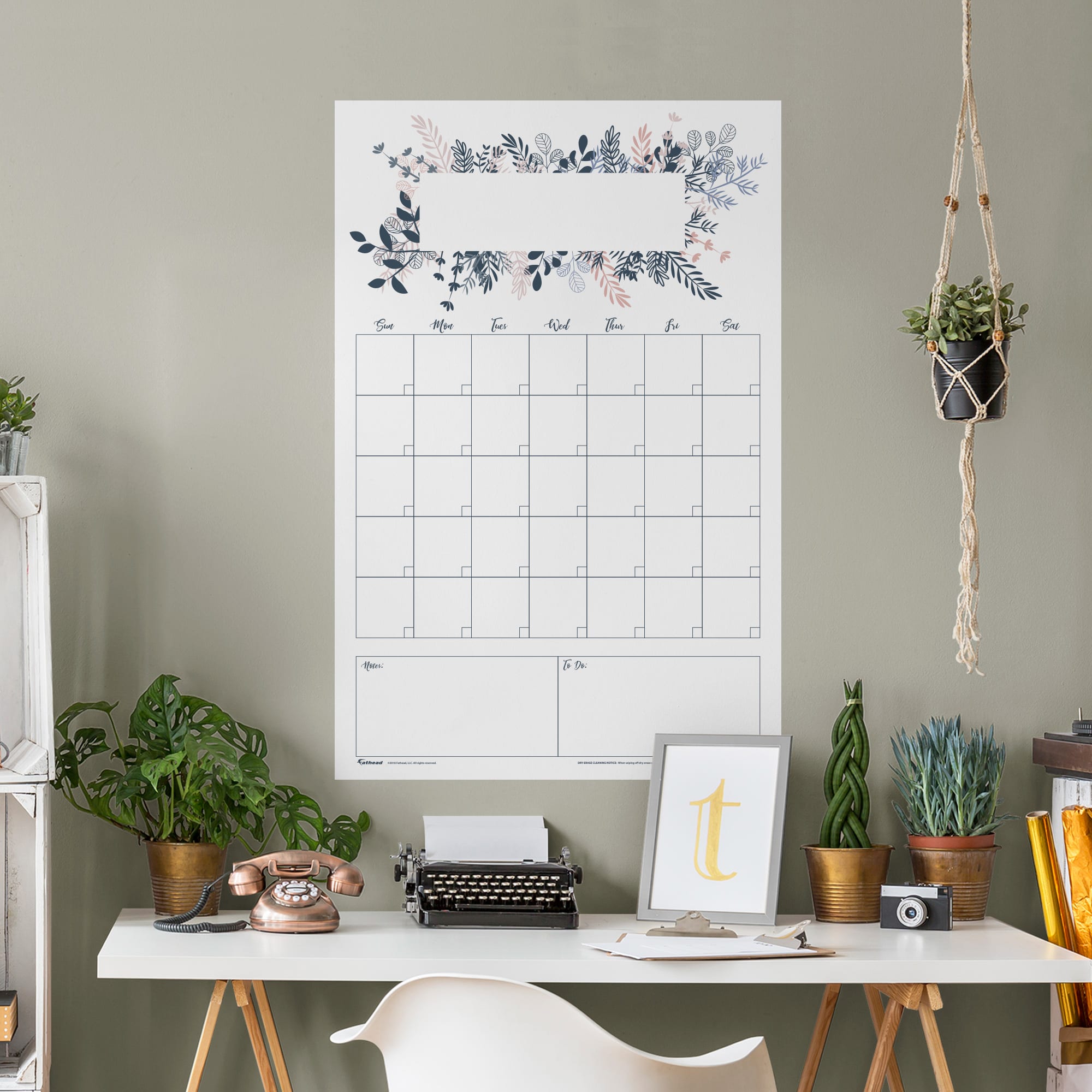 One Month Calendar: Botanical Design - Removable Dry Erase Vinyl Decal 26.0"W x 39.5"H by Fathead