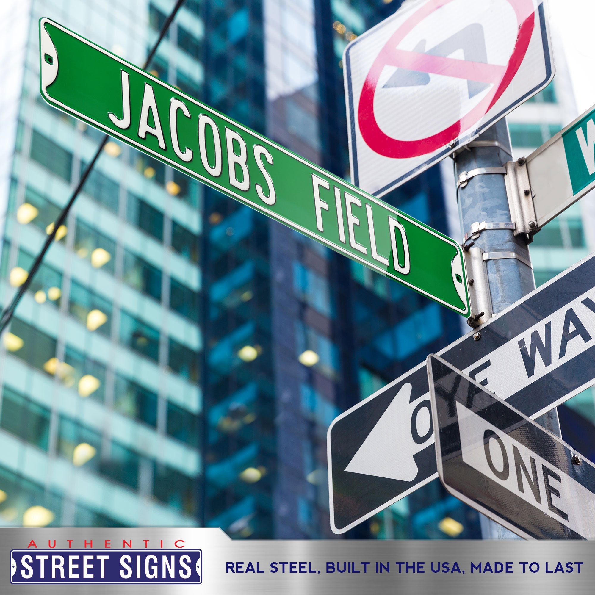 Cleveland Indians Steel Street Sign-JACOBS FIELD on Green 36" W x 6" H by Fathead