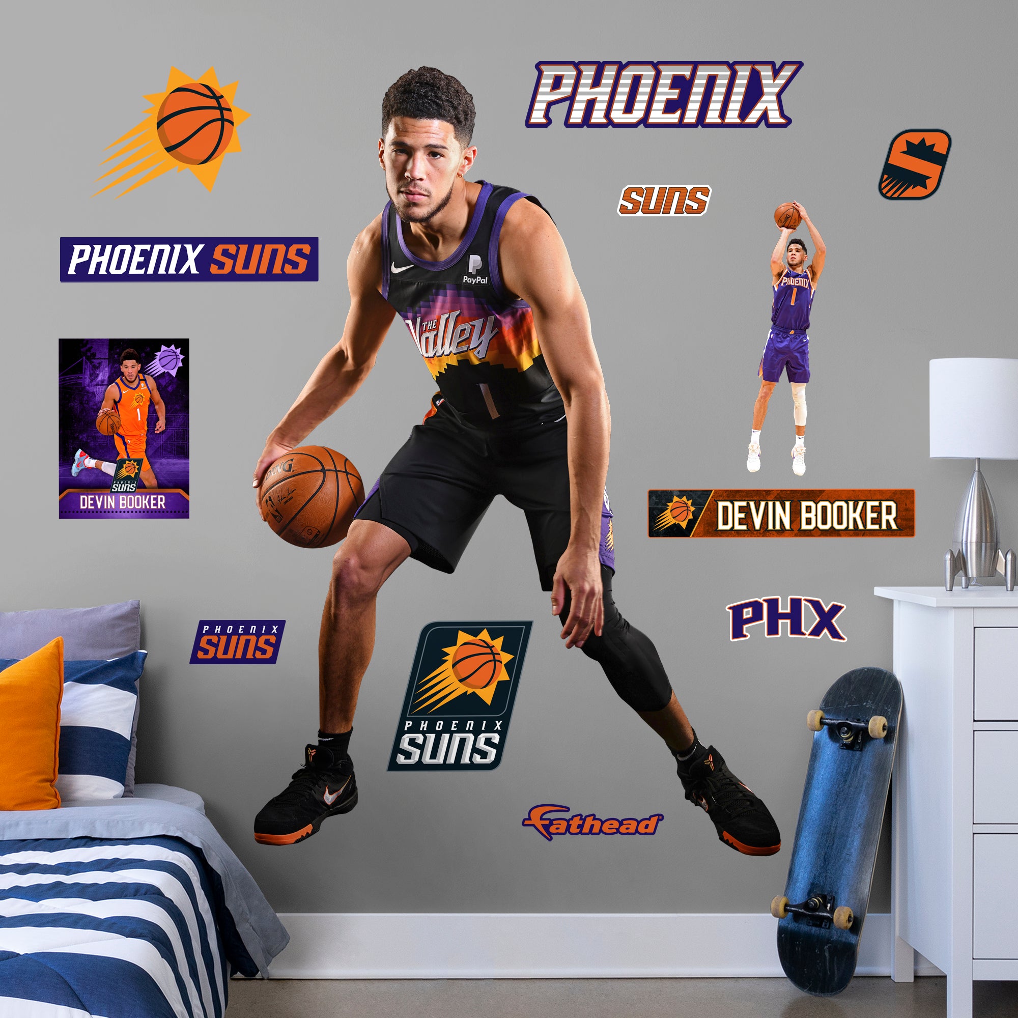 Devin Booker 2020 The Valley - Officially Licensed NBA Removable Wall Decal Life-Size Athlete + 11 Decals (50.5"W x 76"H) by Fat