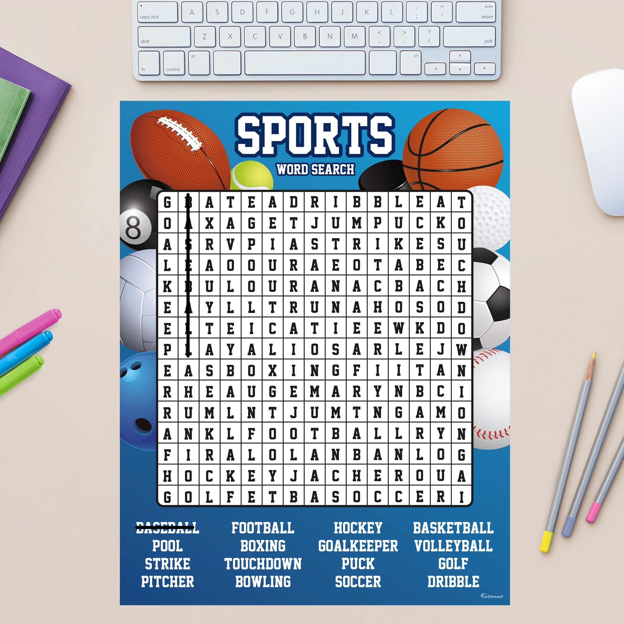 Word Search: Sports - Removable Dry Erase Vinyl Decal 12"W x 16.0"H by Fathead