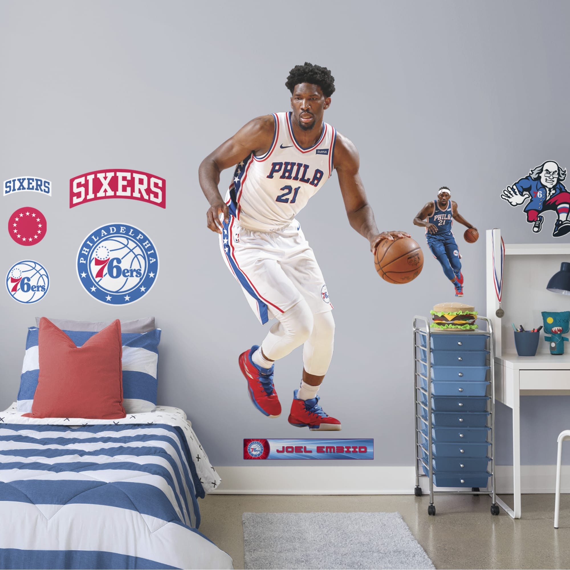 Joel Embiid for Philadelphia 76ers - Officially Licensed NBA Removable Wall Decal Life-Size Athlete + 9 Decals (48"W x 78"H) by