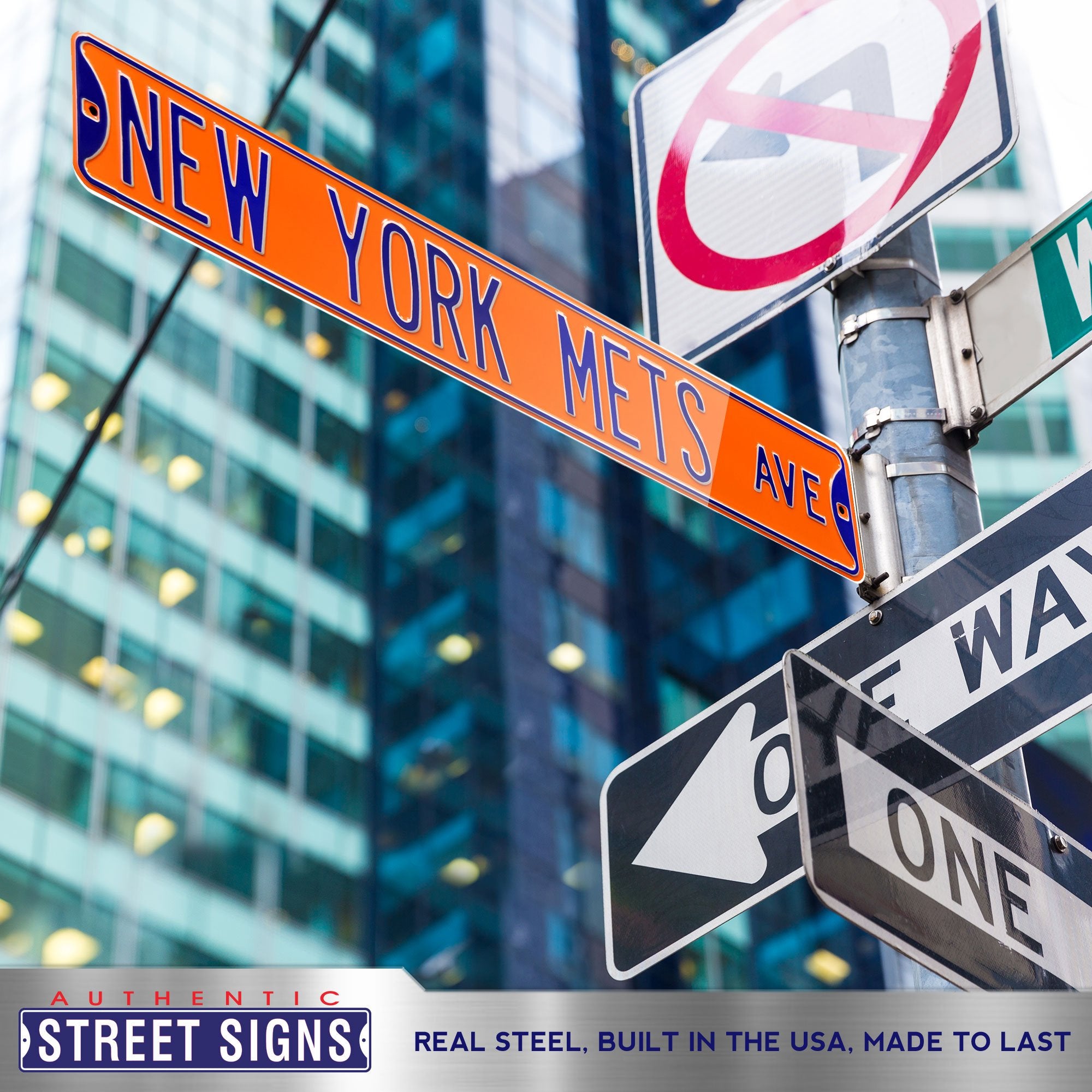 New York Mets Steel Street Sign-NEW YORK METS AVE on Orange 36" W x 6" H by Fathead