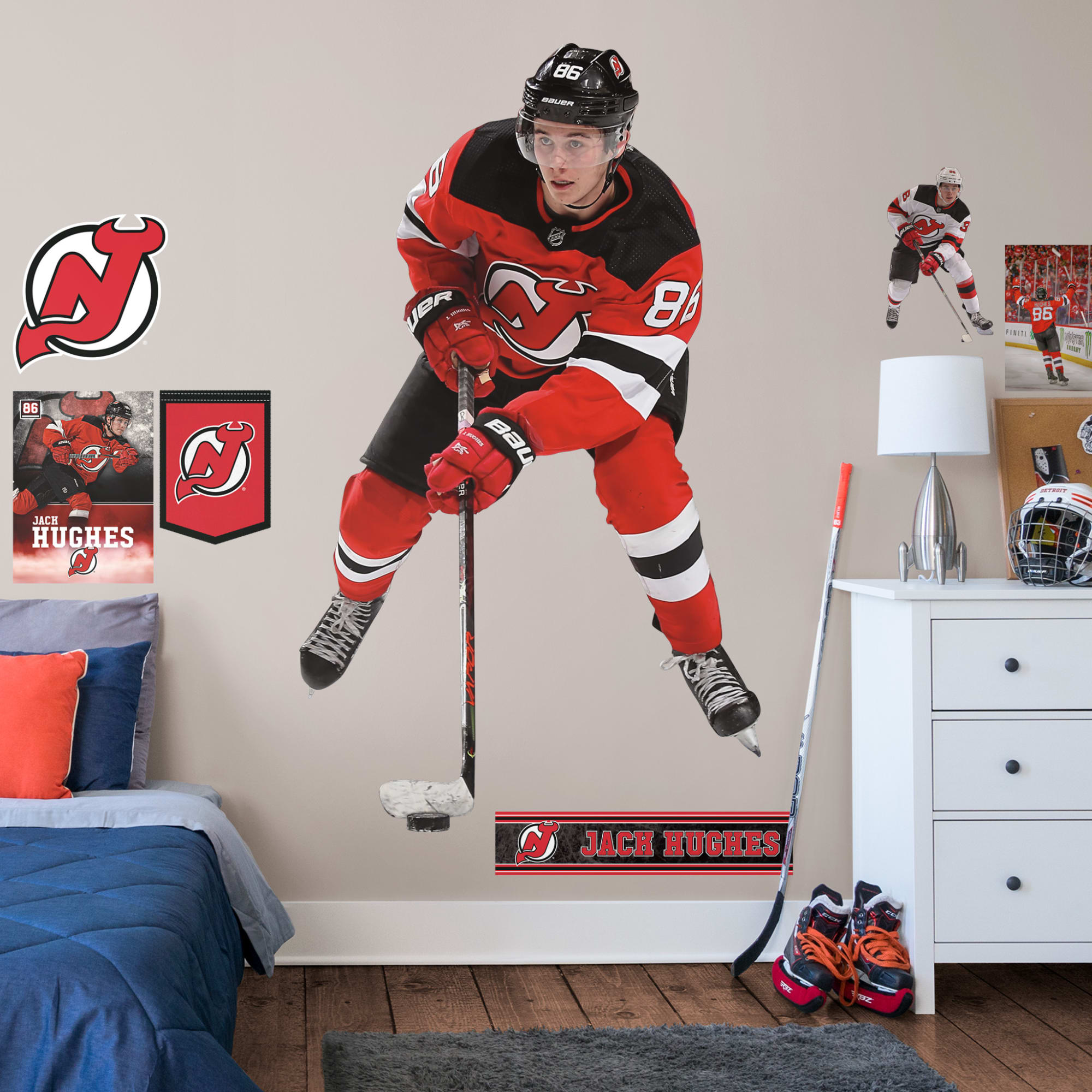 Jack Hughes for New Jersey Devils - Officially Licensed NHL Removable Wall Decal Life-Size Athlete + 8 Decals (46"W x 78"H) by F