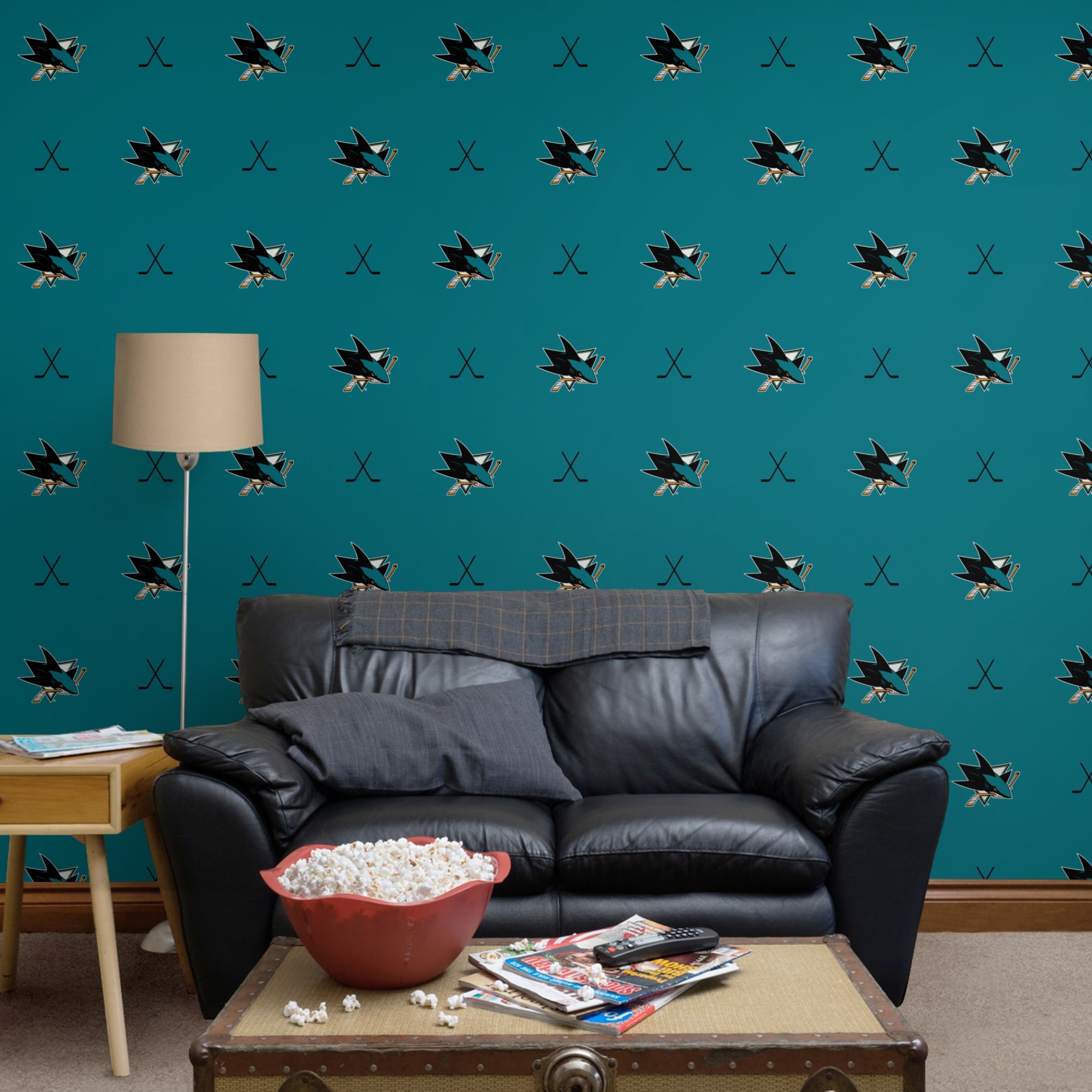 San Jose Sharks: Sticks Pattern - Officially Licensed NHL Removable Wallpaper 12" x 12" Sample by Fathead