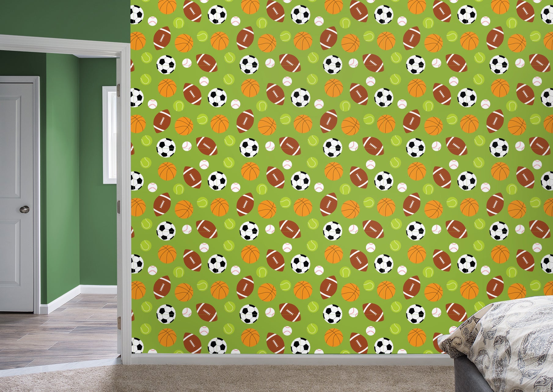 Calling All Sports for Sports & Activities - Green for Sports & Activities - Peel & Stick Wallpaper 12" x 12" Sample by Fathead