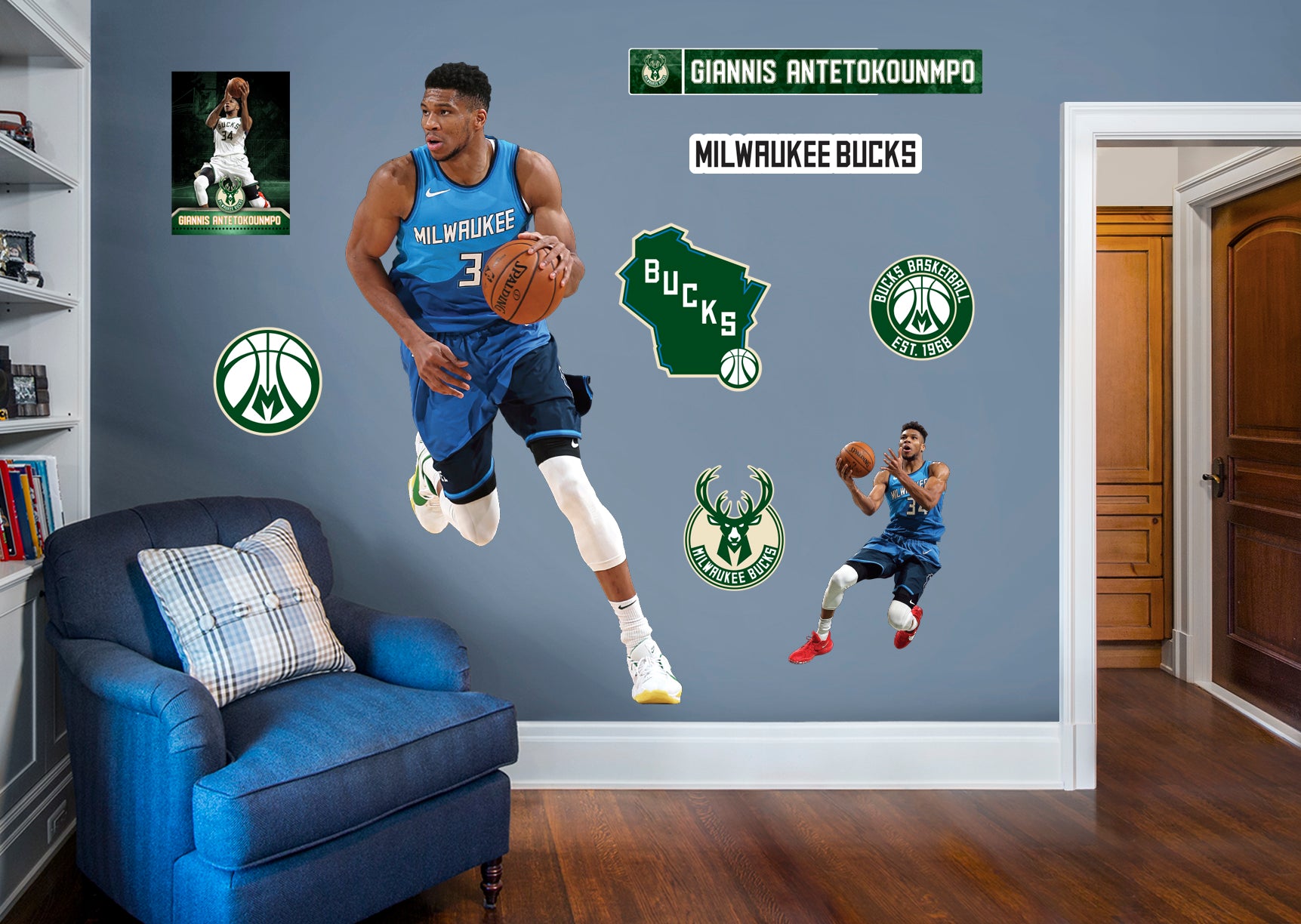 Giannis Antetokounmpo 2021 for Milwaukee Bucks - Officially Licensed NBA Removable Wall Decal Life-Size Athlete + 8 Decals (78"W