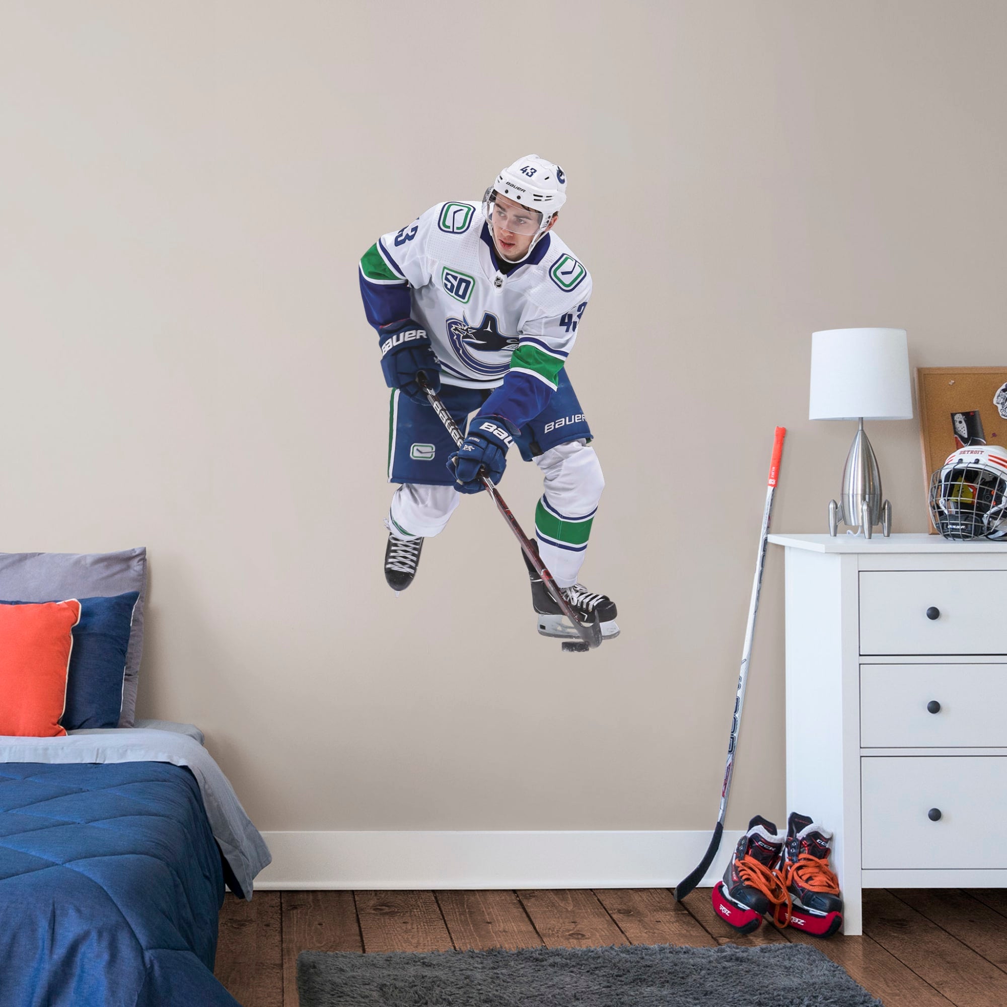 Quinn Hughes for Vancouver Canucks - Officially Licensed NHL Removable Wall Decal Giant Athlete + 2 Team Decals (27"W x 51"H) by