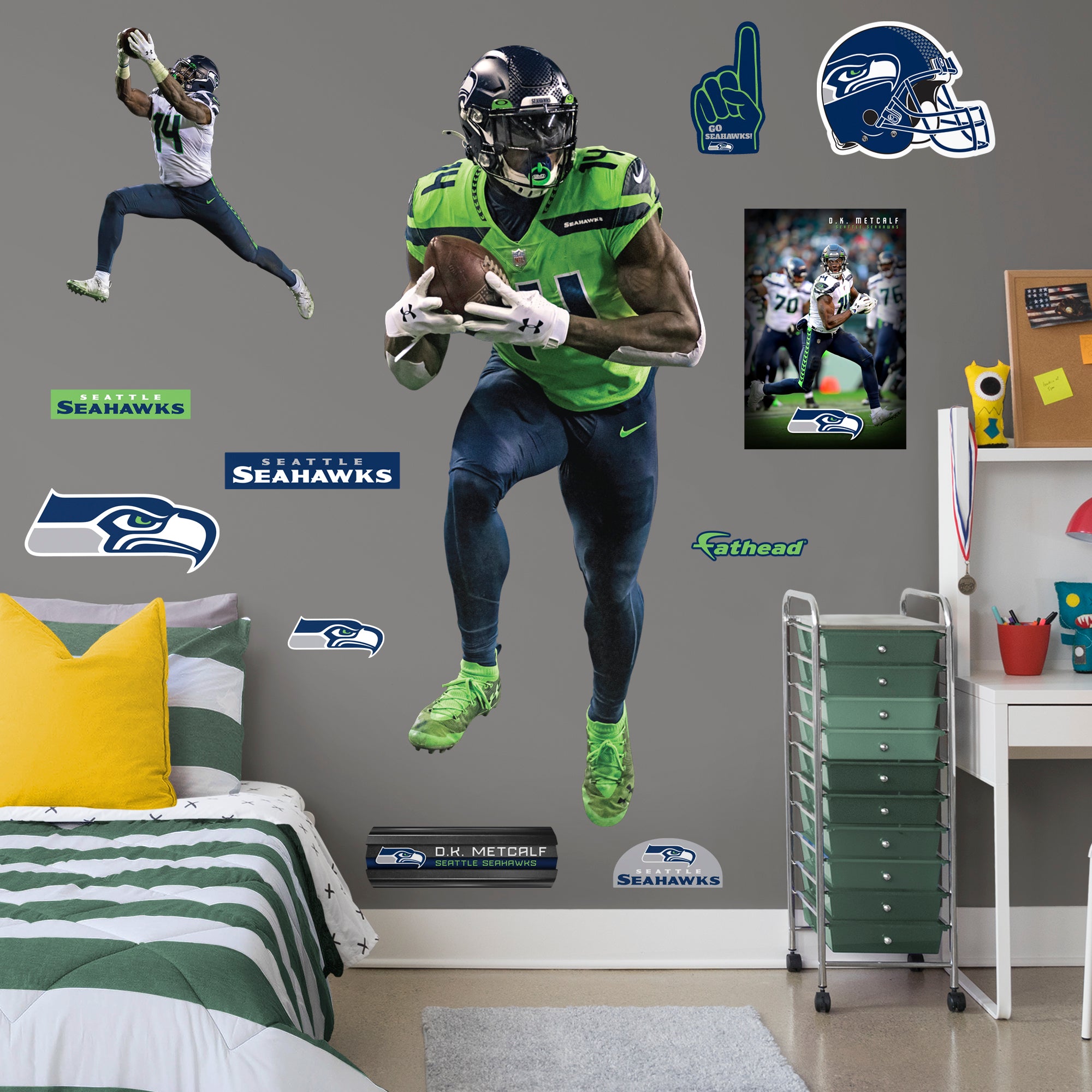 D.K. Metcalf 2020 Green Jersey - Officially Licensed NFL Removable Wall Decal Life-Size Athlete + 11 Decals (32"W x 77"H) by Fat