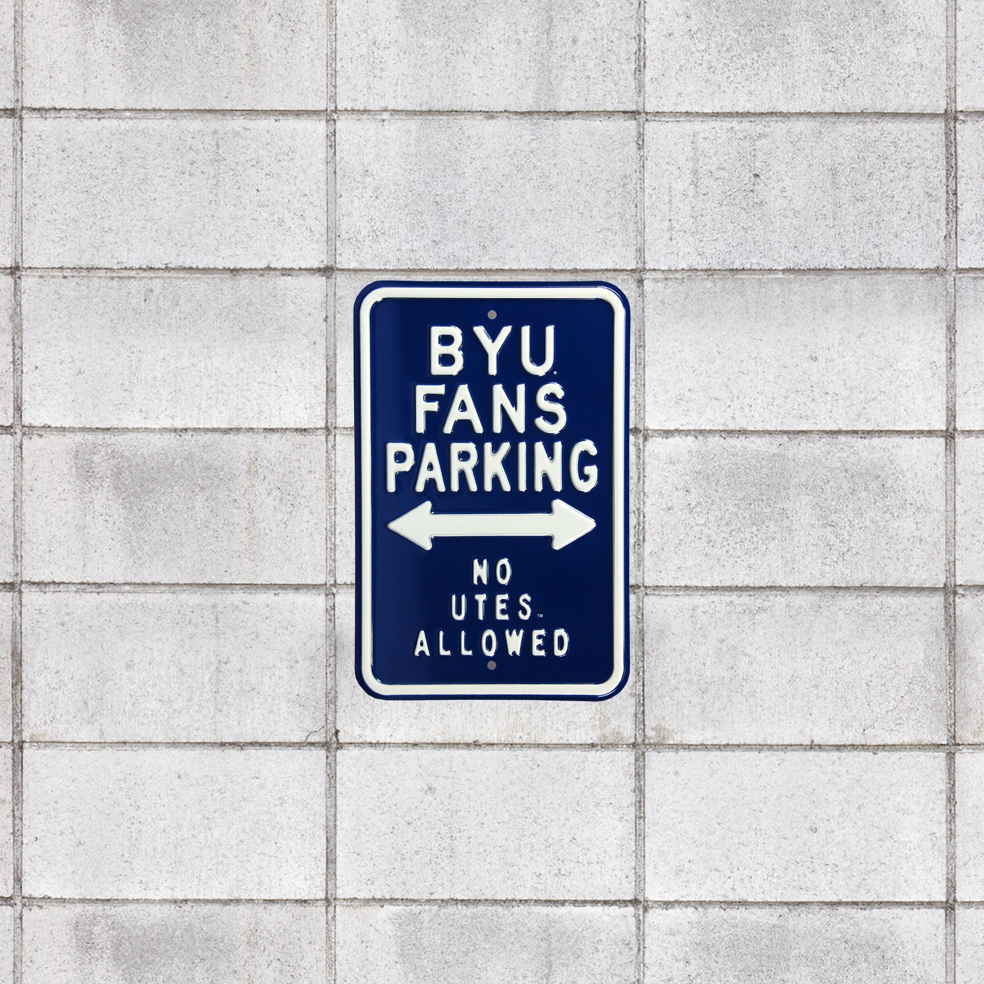 BYU Cougars: No Utes Parking - Officially Licensed Metal Street Sign 18.0"W x 12.0"H by Fathead | 100% Steel