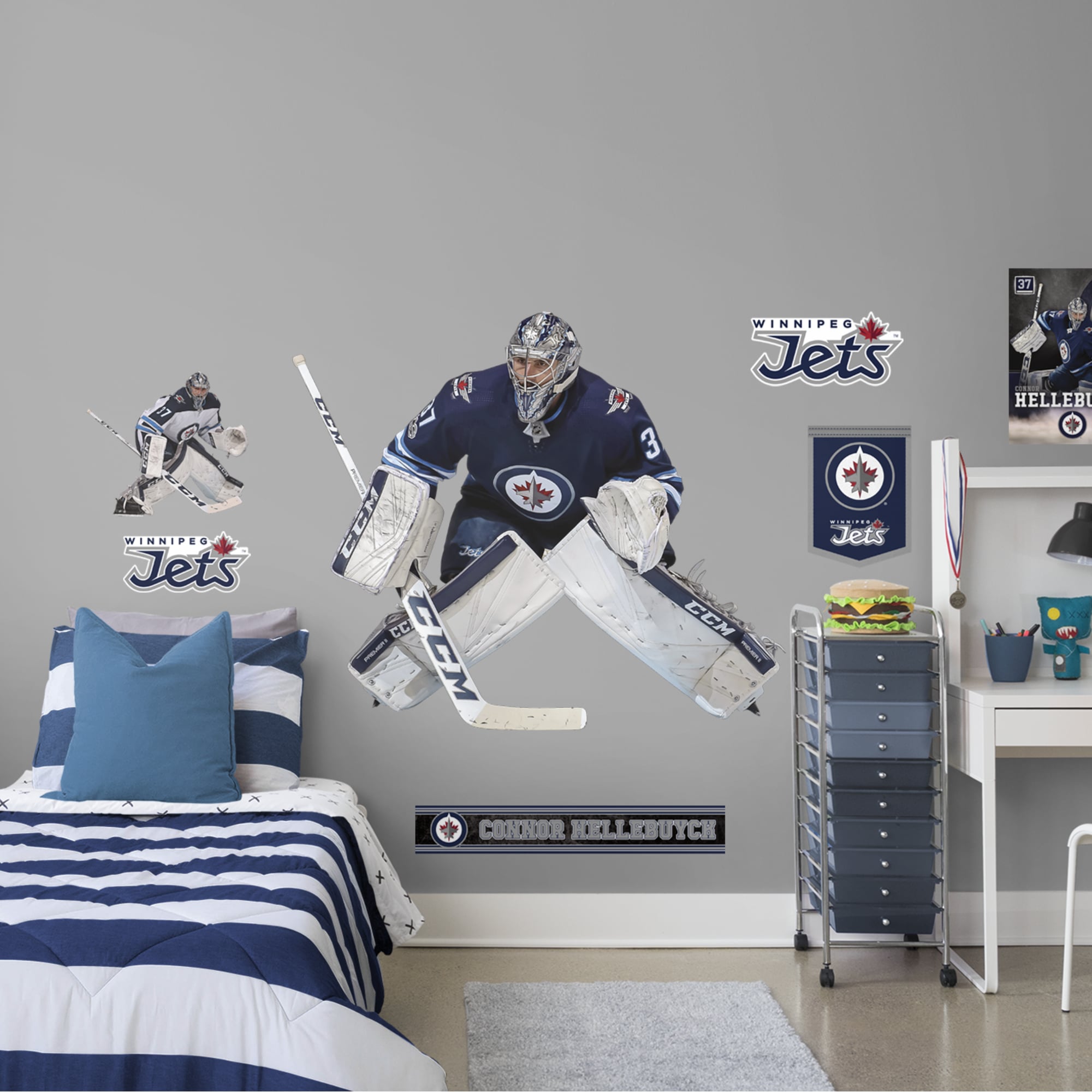 Connor Hellebuyck for Winnipeg Jets - Officially Licensed NHL Removable Wall Decal Life-Size Athlete + 11 Decals (55"W x 46"H) b