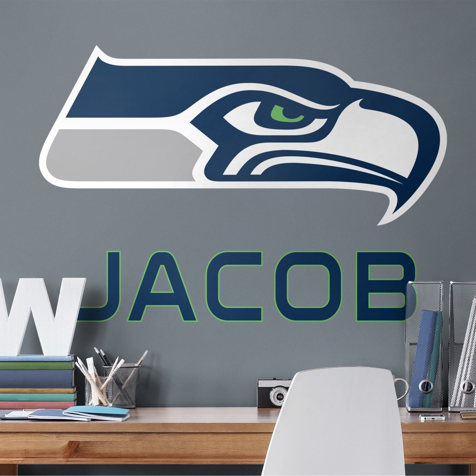 Seattle Seahawks: Stacked Personalized Name - Officially Licensed NFL Transfer Decal in Navy (52"W x 39.5"H) by Fathead | Vinyl
