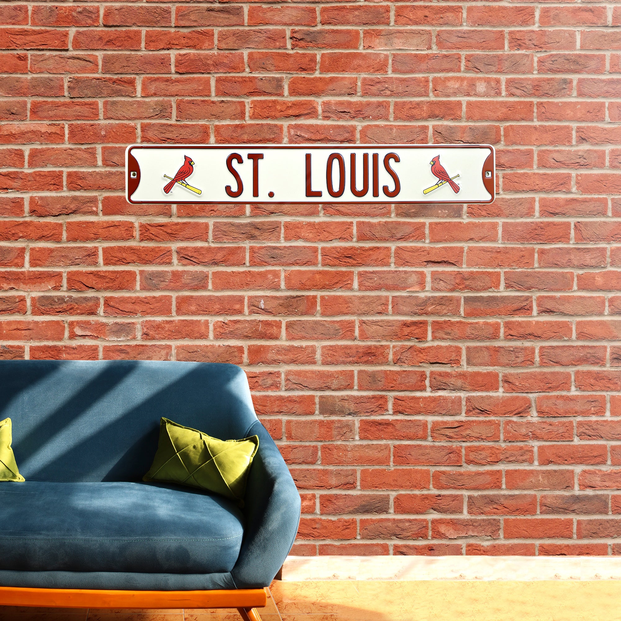 St Louis Cardinals Steel Street Sign with Logo-ST LOUIS ST LOUIS Ivory w/ 2 Logos 36" W x 6" H by Fathead