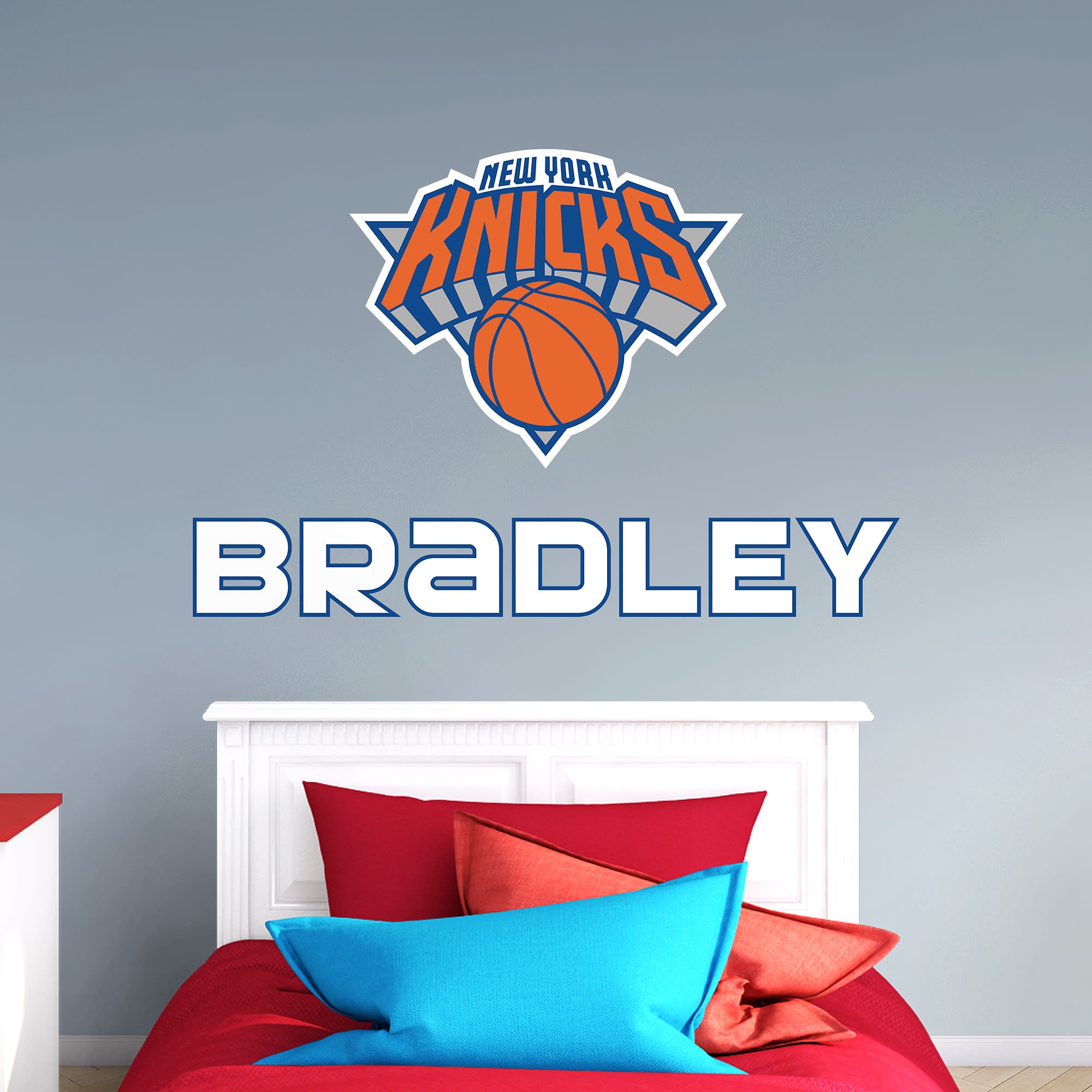 New York Knicks: Stacked Personalized Name - Officially Licensed NBA Transfer Decal in White (52"W x 39.5"H) by Fathead | Vinyl