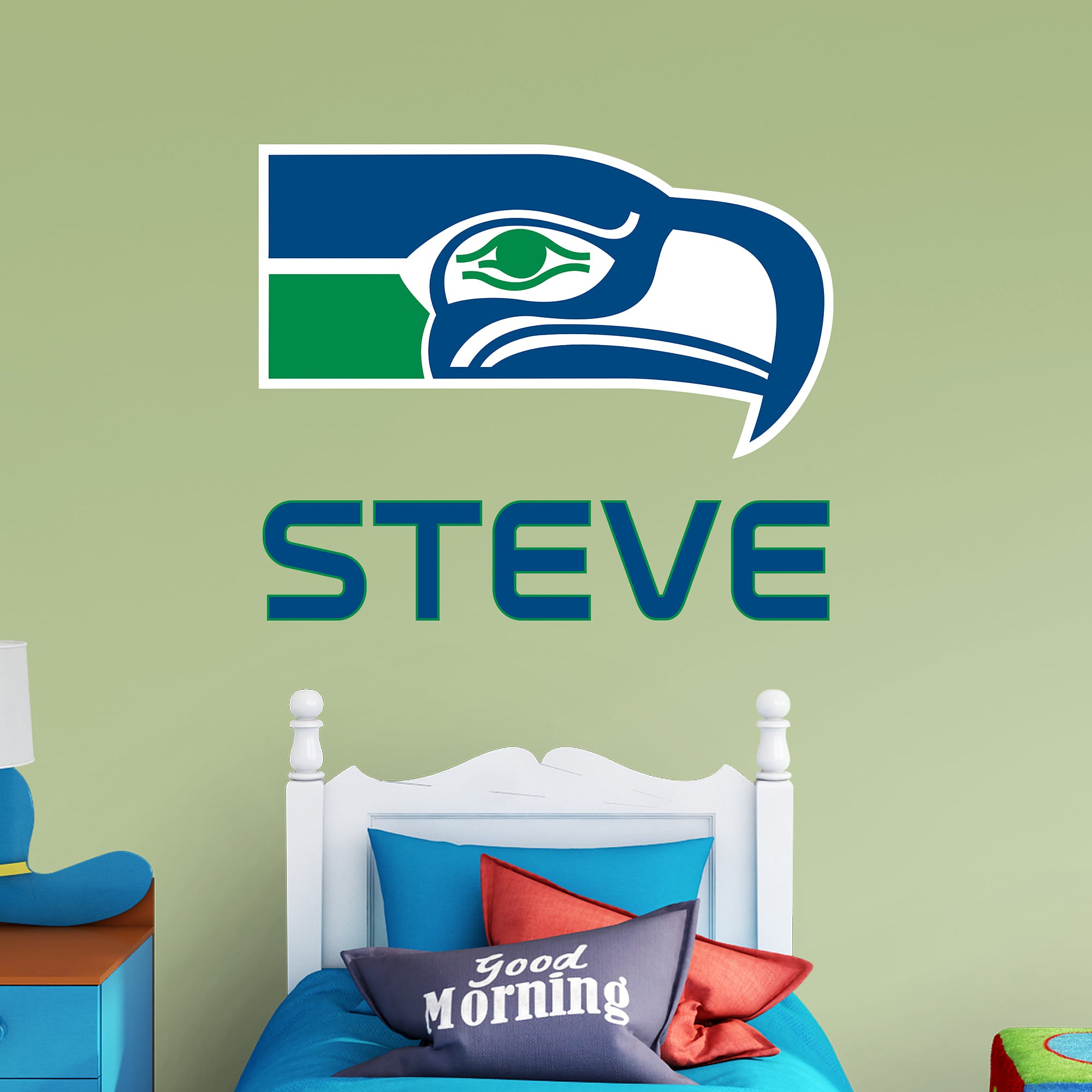 Seattle Seahawks: Classic Stacked Personalized Name - Officially Licensed NFL Transfer Decal in Blue (52"W x 39.5"H) by Fathead