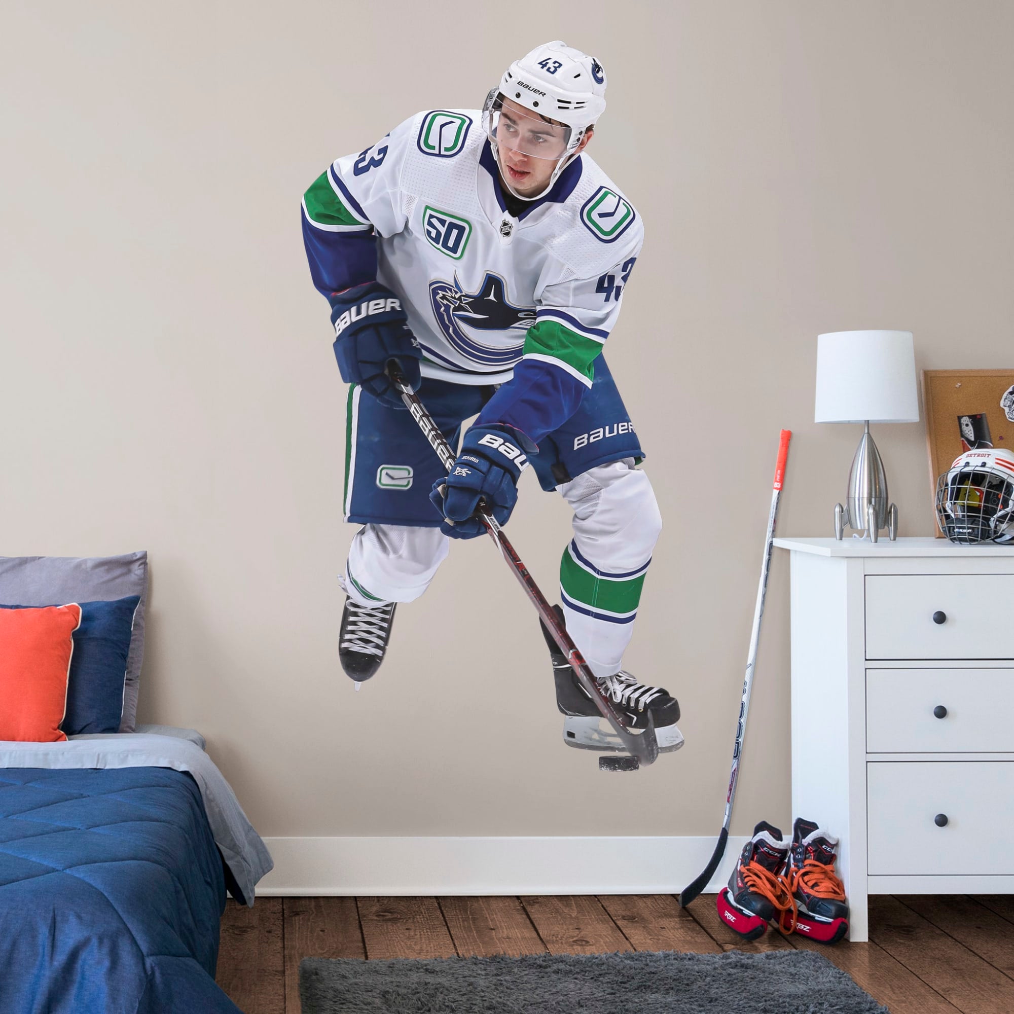 Quinn Hughes for Vancouver Canucks - Officially Licensed NHL Removable Wall Decal Life-Size Athlete + 2 Team Decals (40"W x 76"H