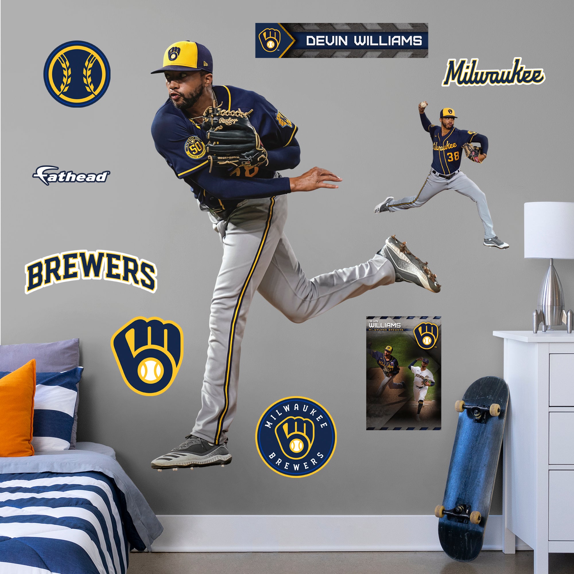 Devin Williams 2020 - Officially Licensed MLB Removable Wall Decal Life-Size Athlete + 8 Decals (75"W x 51"H) by Fathead | Vinyl