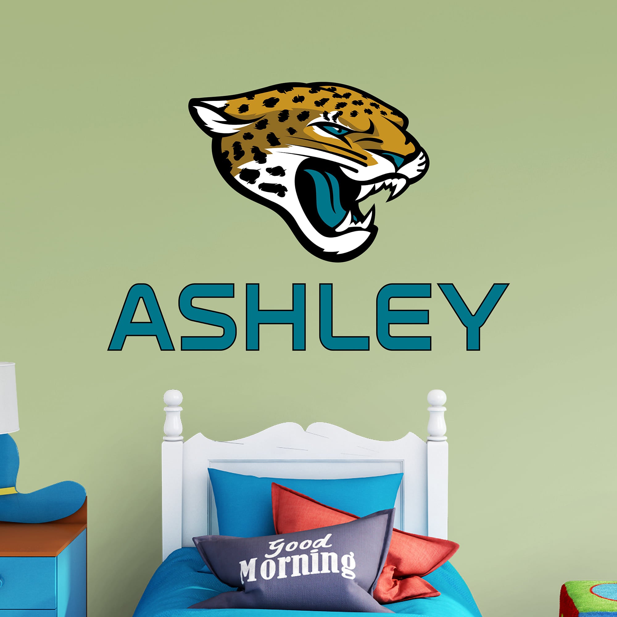 Jacksonville Jaguars: Stacked Personalized Name - Officially Licensed NFL Transfer Decal in Teal (52"W x 39.5"H) by Fathead | Vi