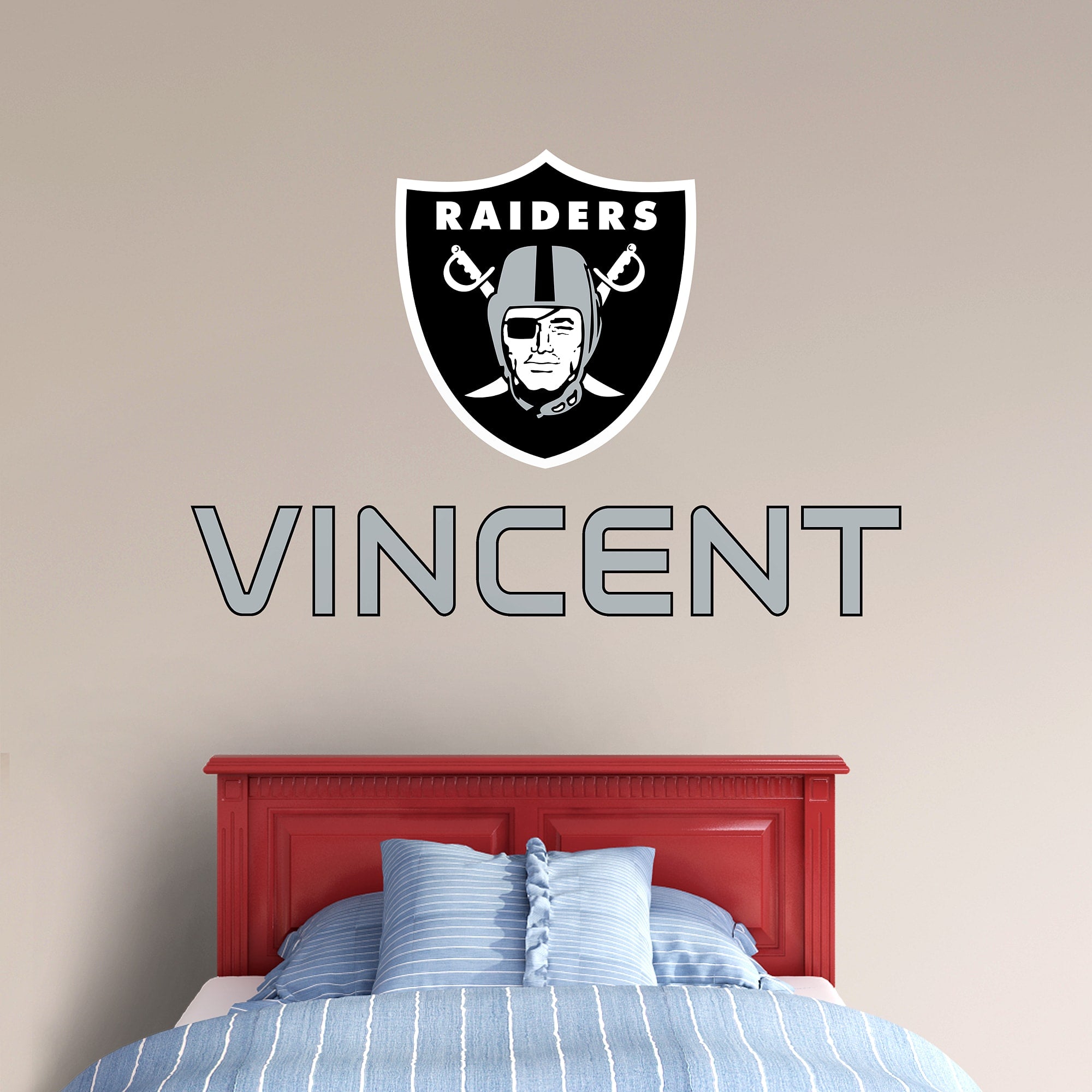 Las Vegas Raiders: Stacked Personalized Name - Officially Licensed NFL Transfer Decal in Silver (52"W x 39.5"H) by Fathead | Vin