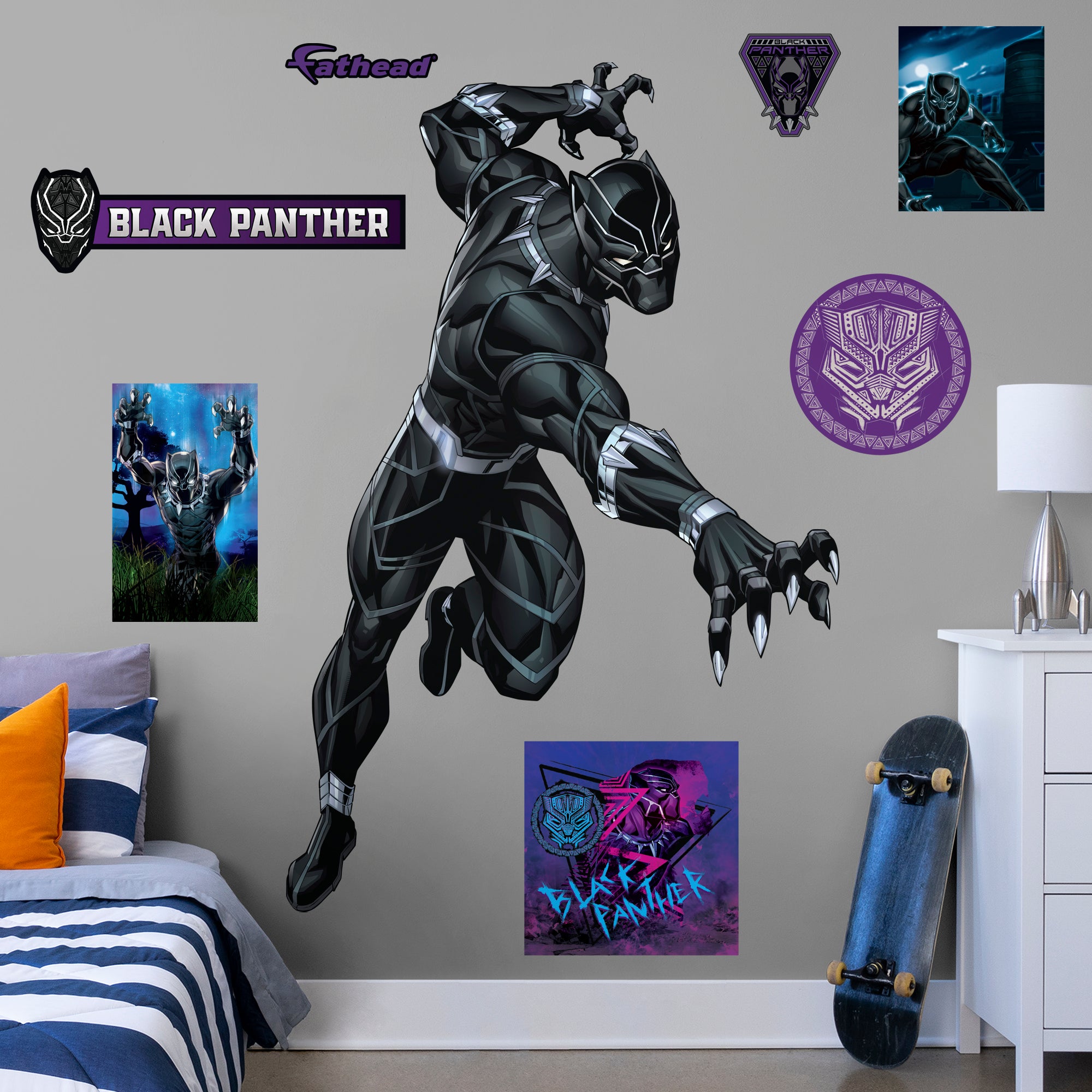 Black Panther: Avengers Core - Officially Licensed Removable Wall Decal Life-Size Character + 7 Decals (54.5"W x 73.5"H) by Fath