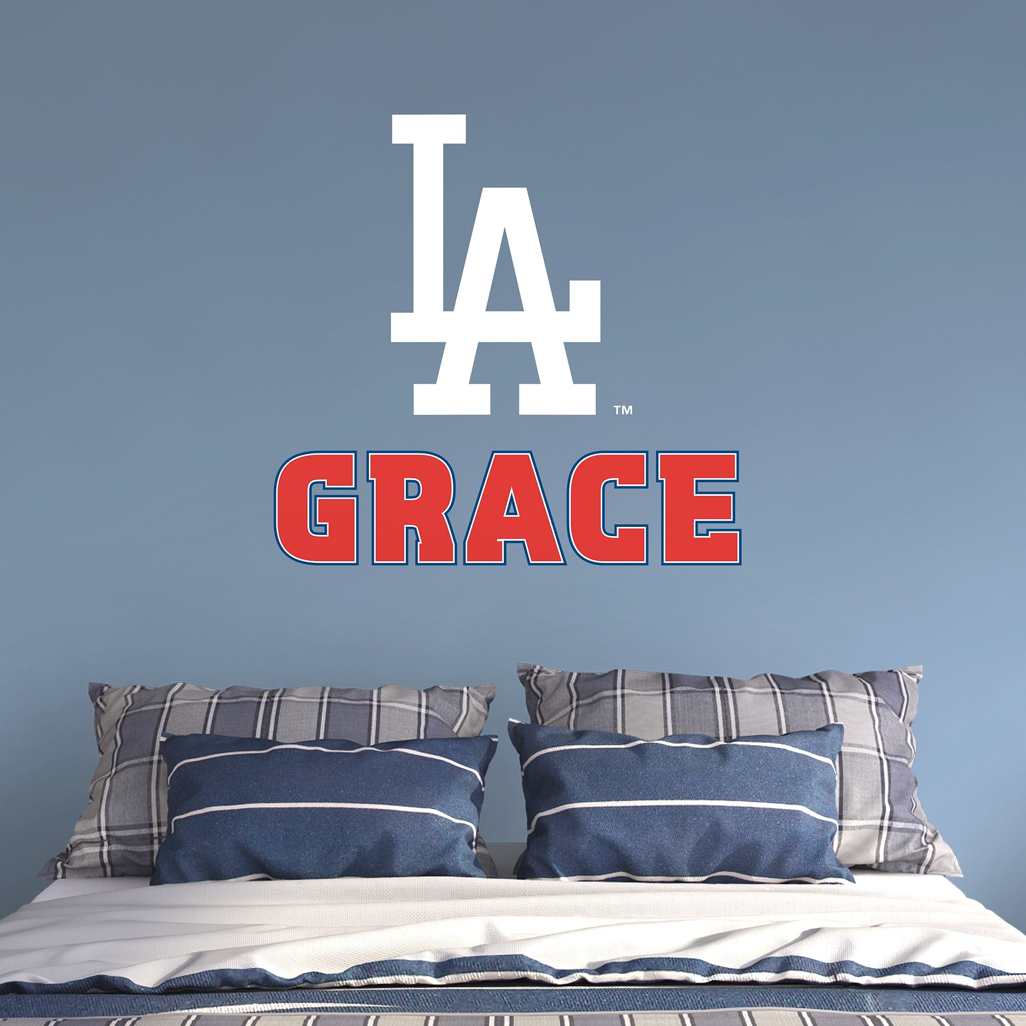 Los Angeles Dodgers: "LA" Stacked Personalized Name - Officially Licensed MLB Transfer Decal in White/Red (52"W x 39.5"H) by Fat