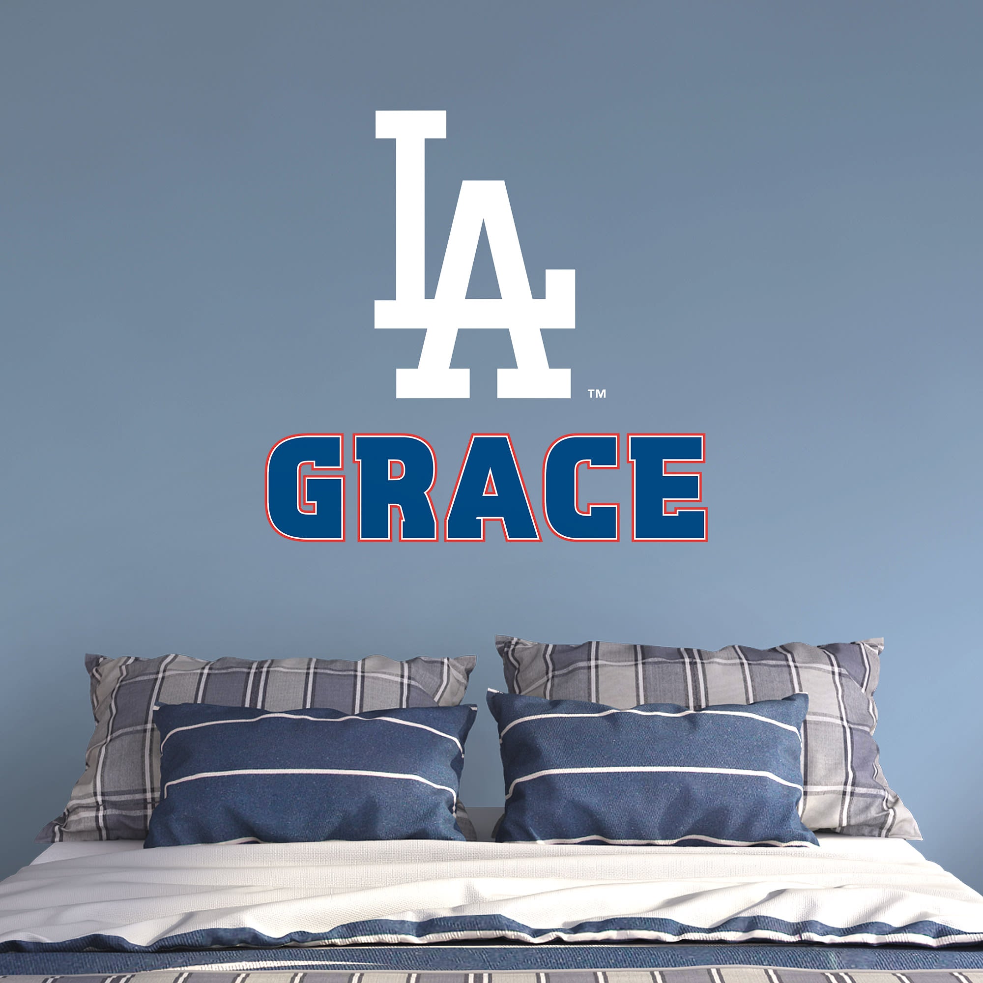 Los Angeles Dodgers: "LA" Stacked Personalized Name - Officially Licensed MLB Transfer Decal in White/Blue (52"W x 39.5"H) by Fa