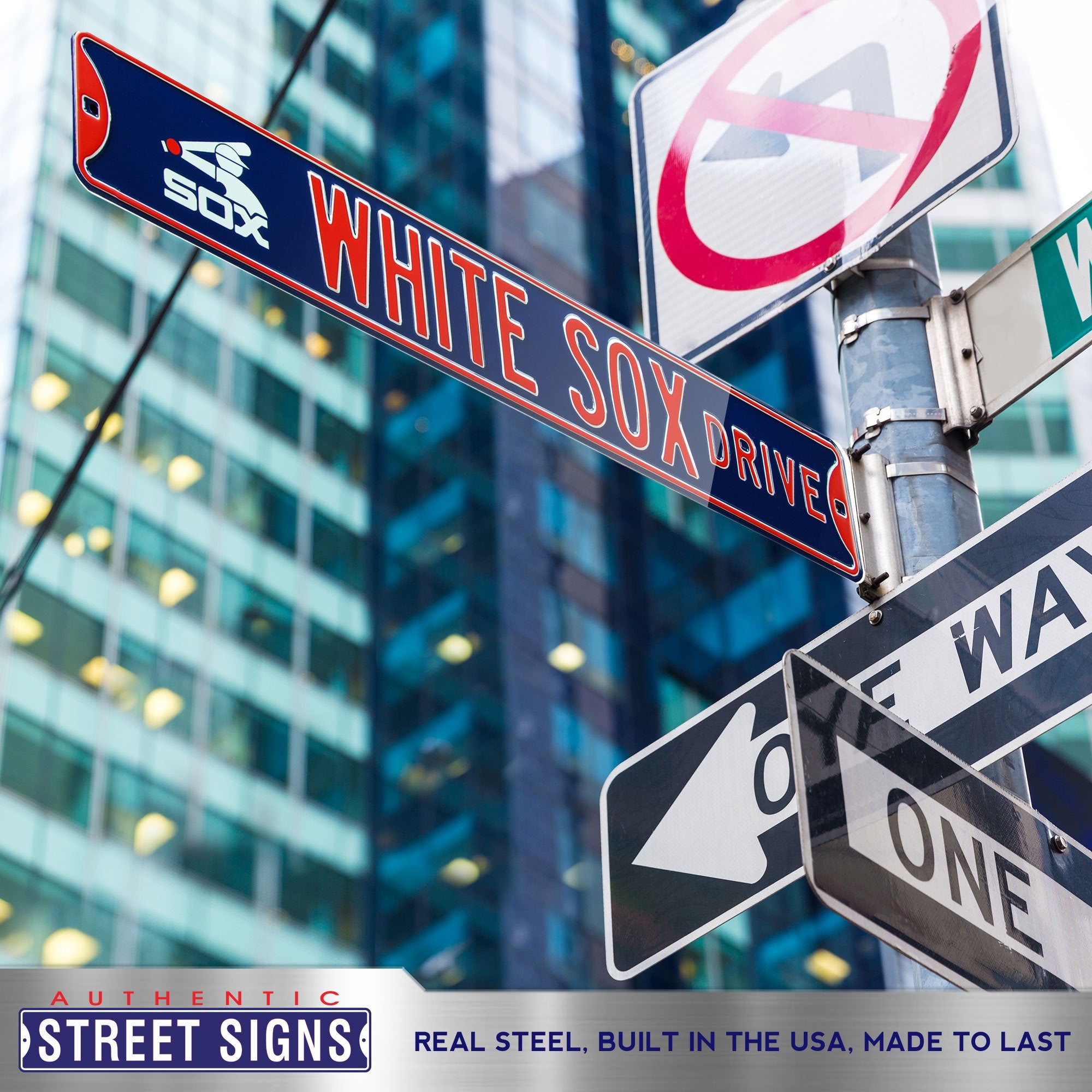 Chicago White Sox Steel Street Sign with Logo-WHITE SOX DRIVE w/ Batterman Logo 36" W x 6" H by Fathead