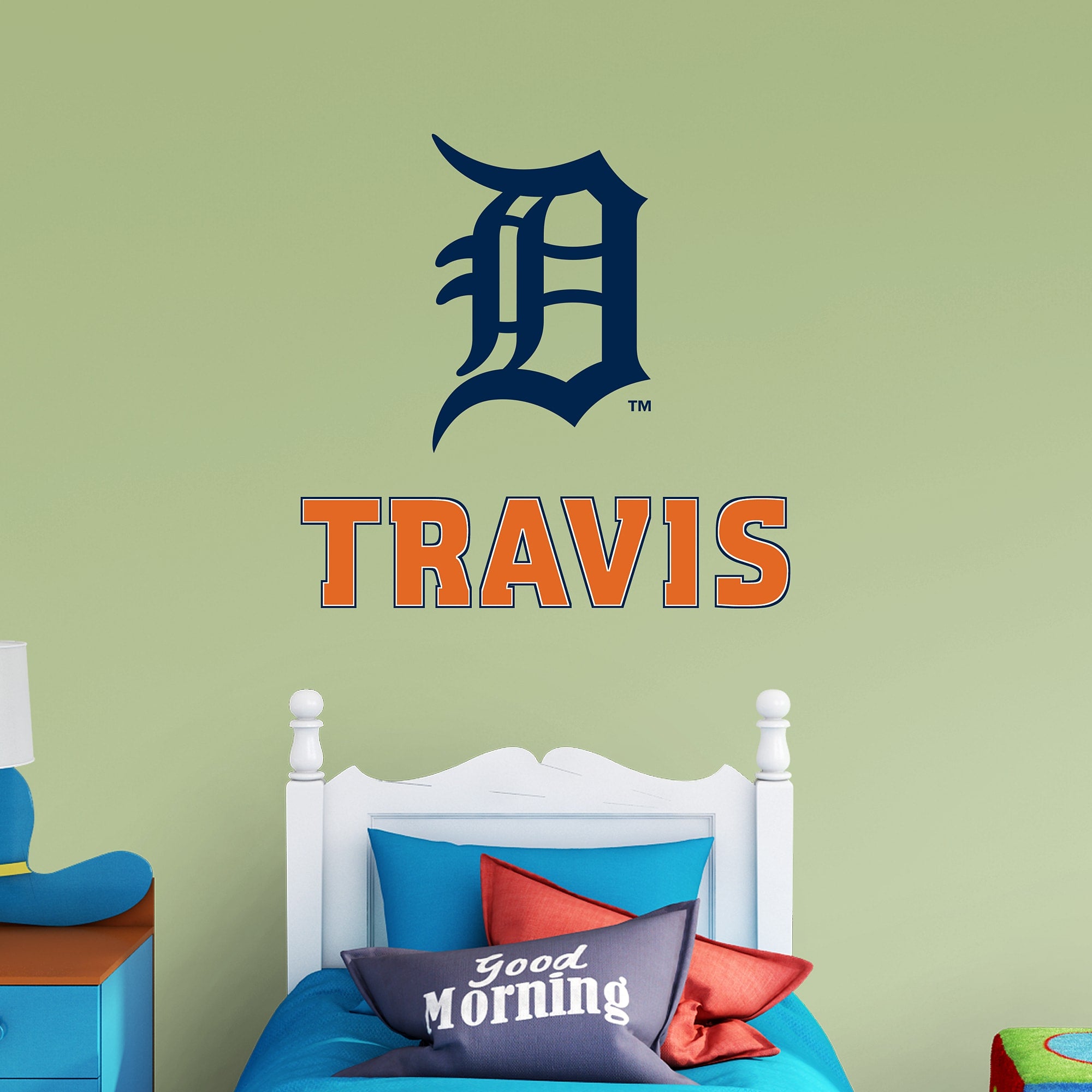 Detroit Tigers: Old English "D" Stacked Personalized Name - Officially Licensed MLB Transfer Decal in Navy/Orange (52"W x 39.5"H