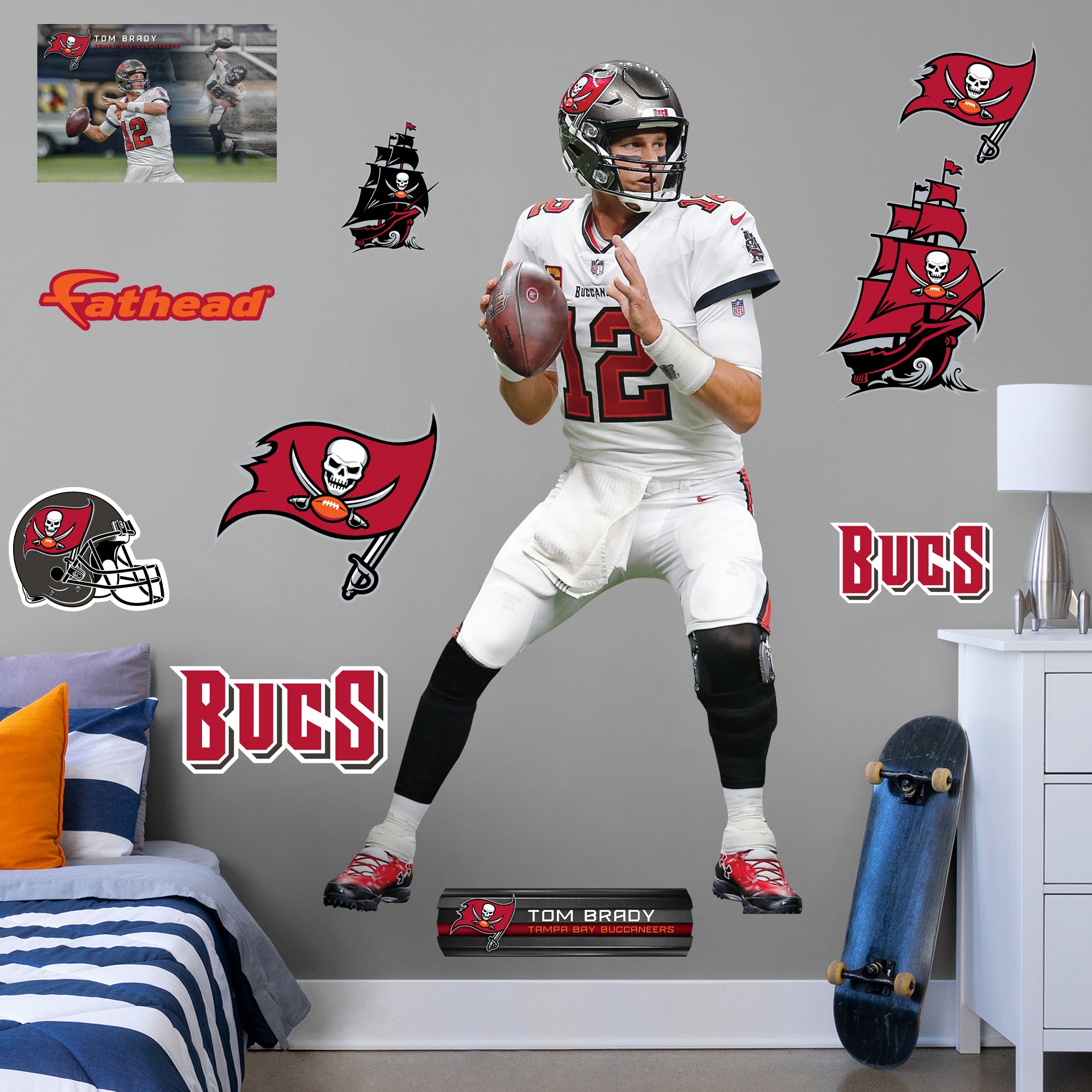 Tom Brady: Officially Licensed NFL Removable Wall Decal Life-Size Athlete + 10 Decals (48"W x 78"H) by Fathead | Vinyl