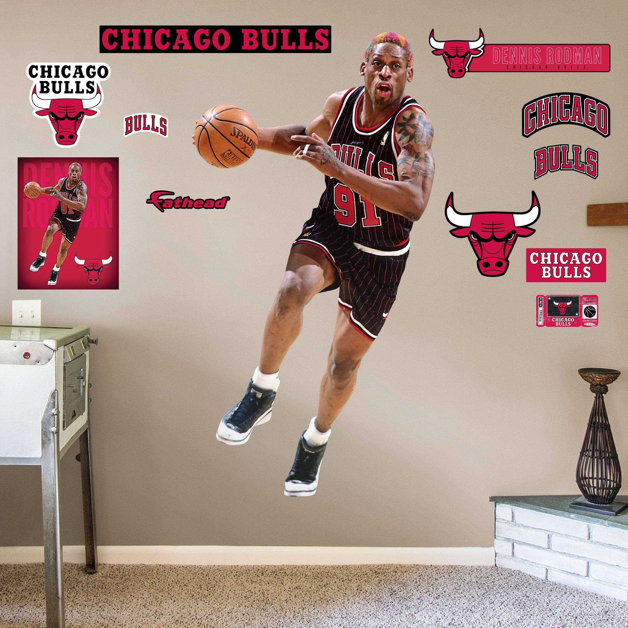 Dennis Rodman for Chicago Bulls - Officially Licensed NBA Removable Wall Decal Life-Size Athlete + 10 Decals (41"W x 78"H) by Fa