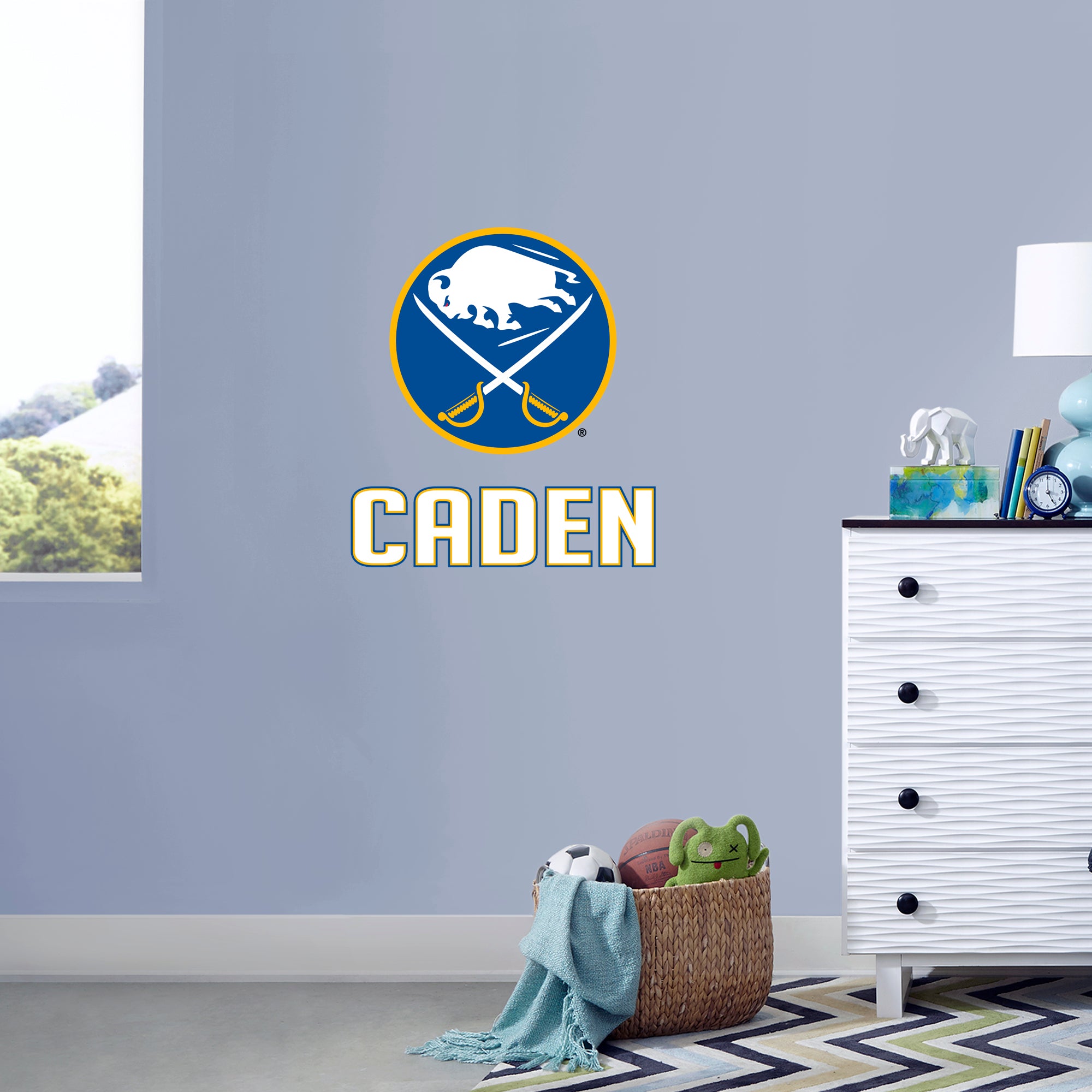 Buffalo Sabres 2020 Stacked Personalized Name White Text PREMASK Officially Licensed NHL Removable Wall Decal Life Size Decal by