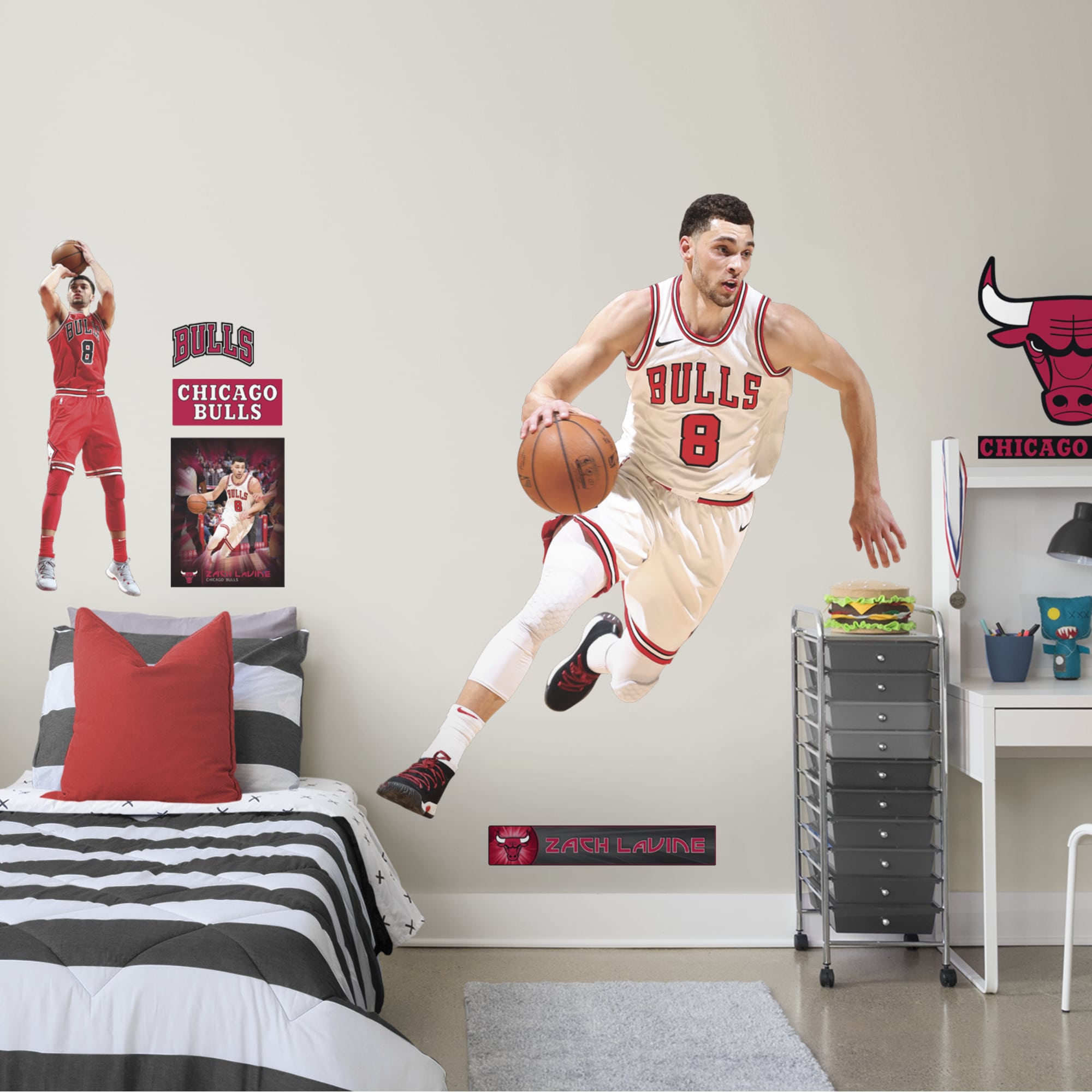 Zach LaVine for Chicago Bulls - Officially Licensed NBA Removable Wall Decal Life-Size Athlete + 15 Decals (60"W x 70"H) by Fath