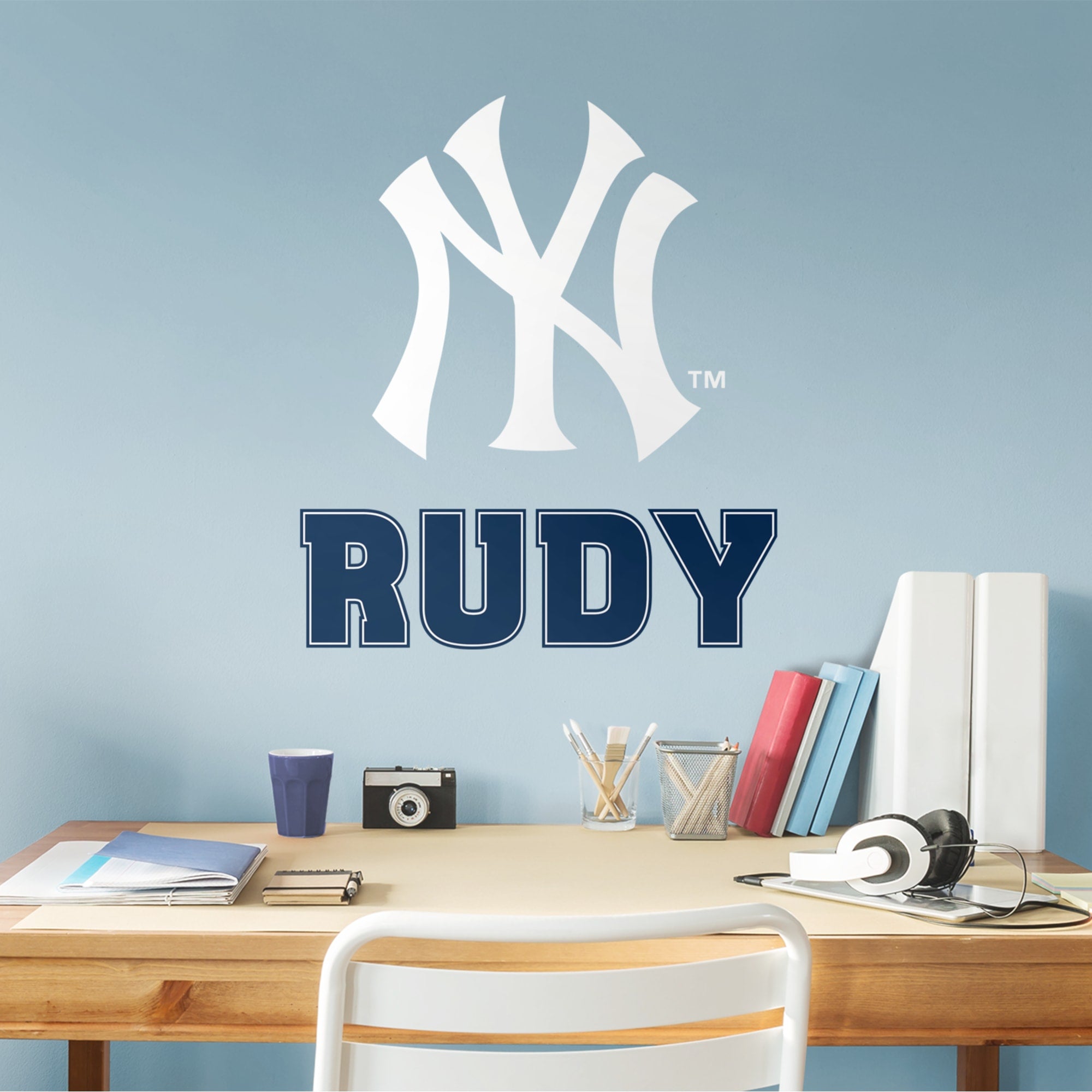 New York Yankees: Stacked "NY" Personalized Name - Officially Licensed MLB Transfer Decal in White/Navy (52"W x 39.5"H) by Fathe