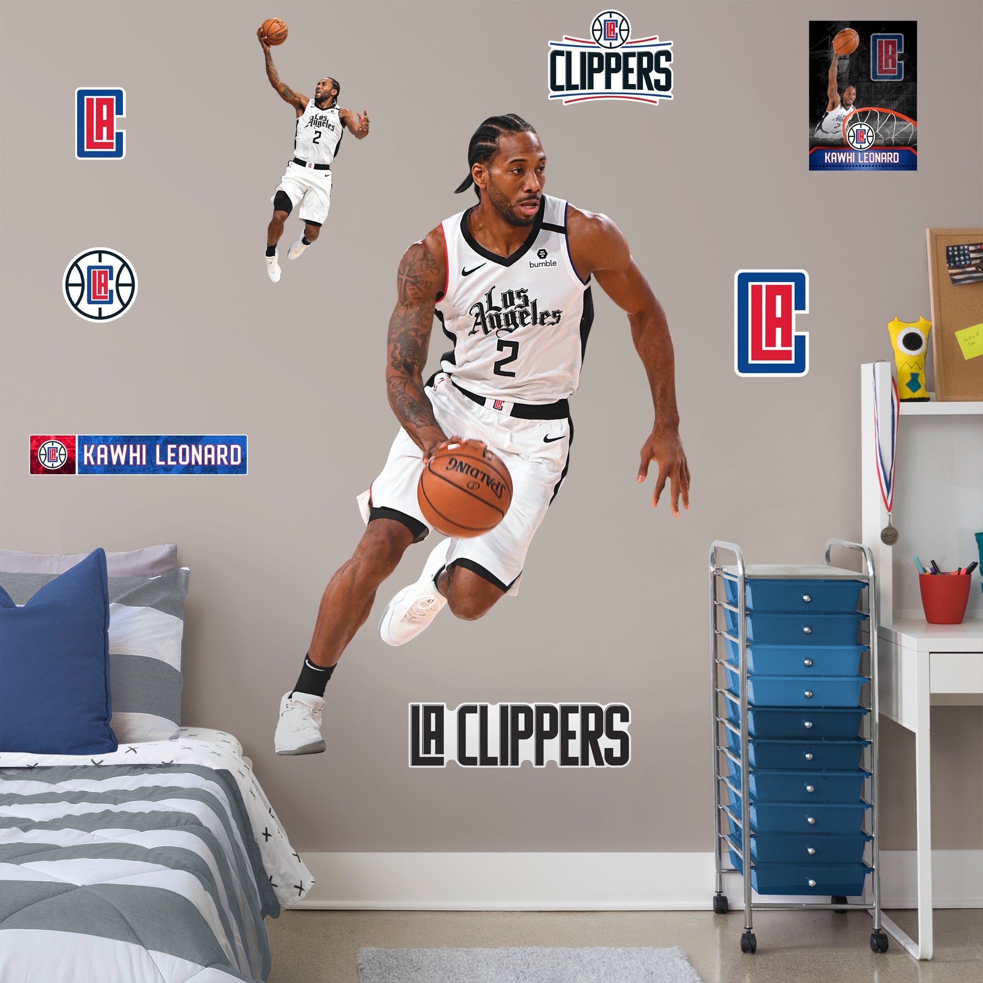 Kawhi Leonard 2020 Old English Jersey RealBig - Officially Licensed NBA Removable Wall Decal Life-Size Athlete + 9 Decals (50"W