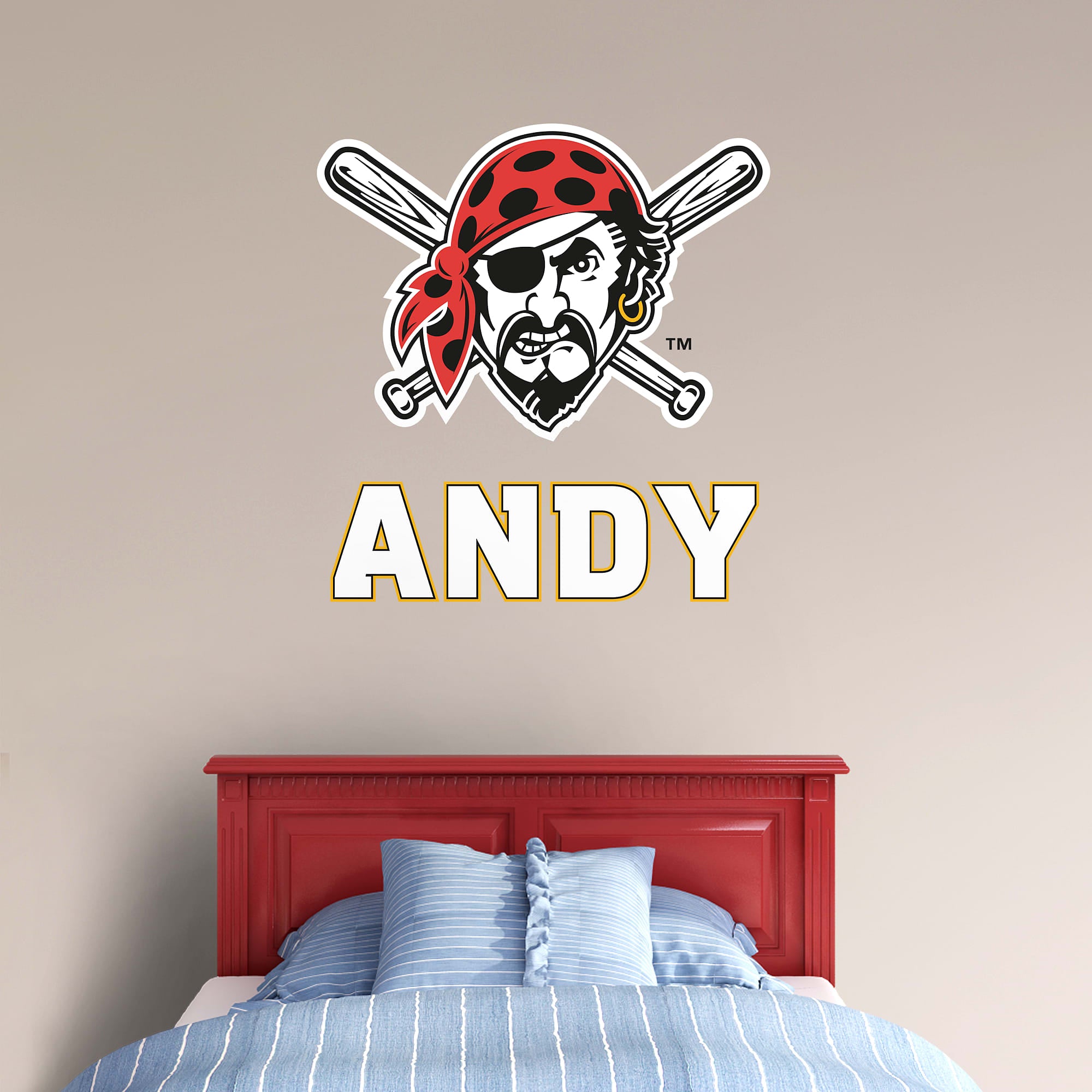 Pittsburgh Pirates: Pirate Head Stacked Personalized Name - Officially Licensed MLB Transfer Decal in White (52"W x 39.5"H) by F