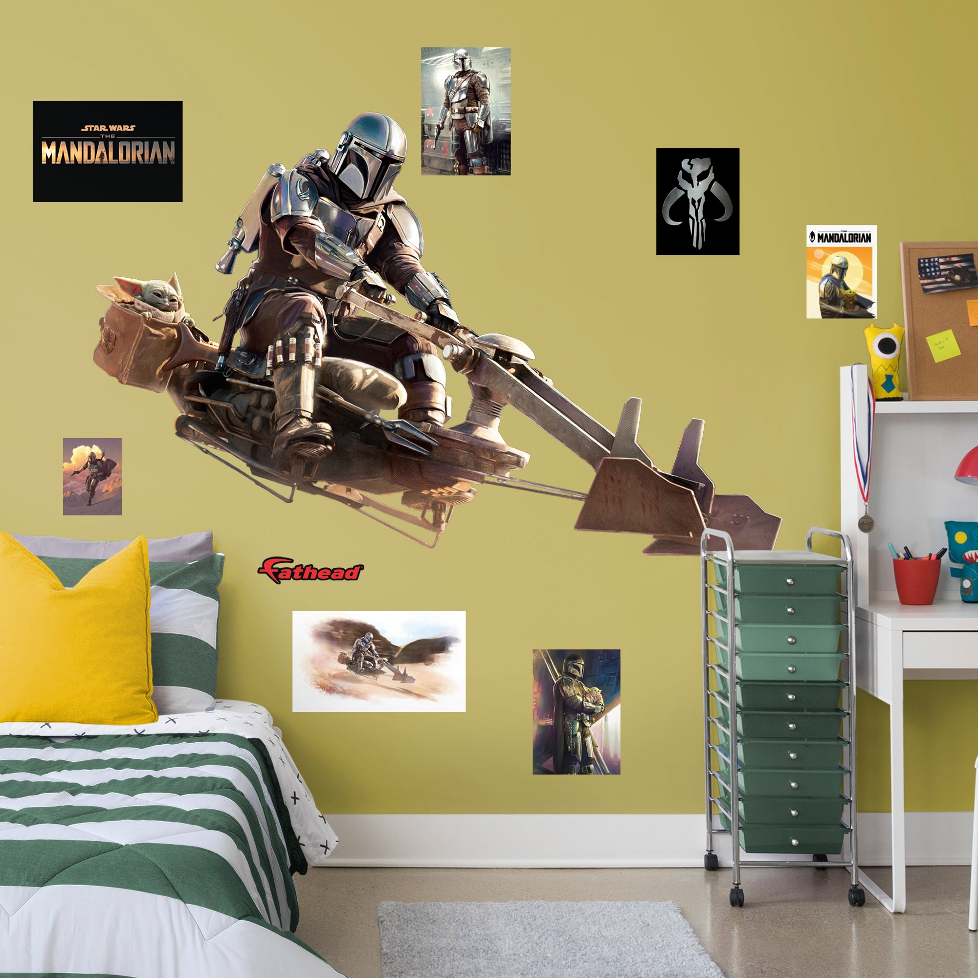 The Mandalorian and Child Speeder Bike - Officially Licensed Star Wars Removable Wall Decal Life-Size Character + 8 Decals (76"W