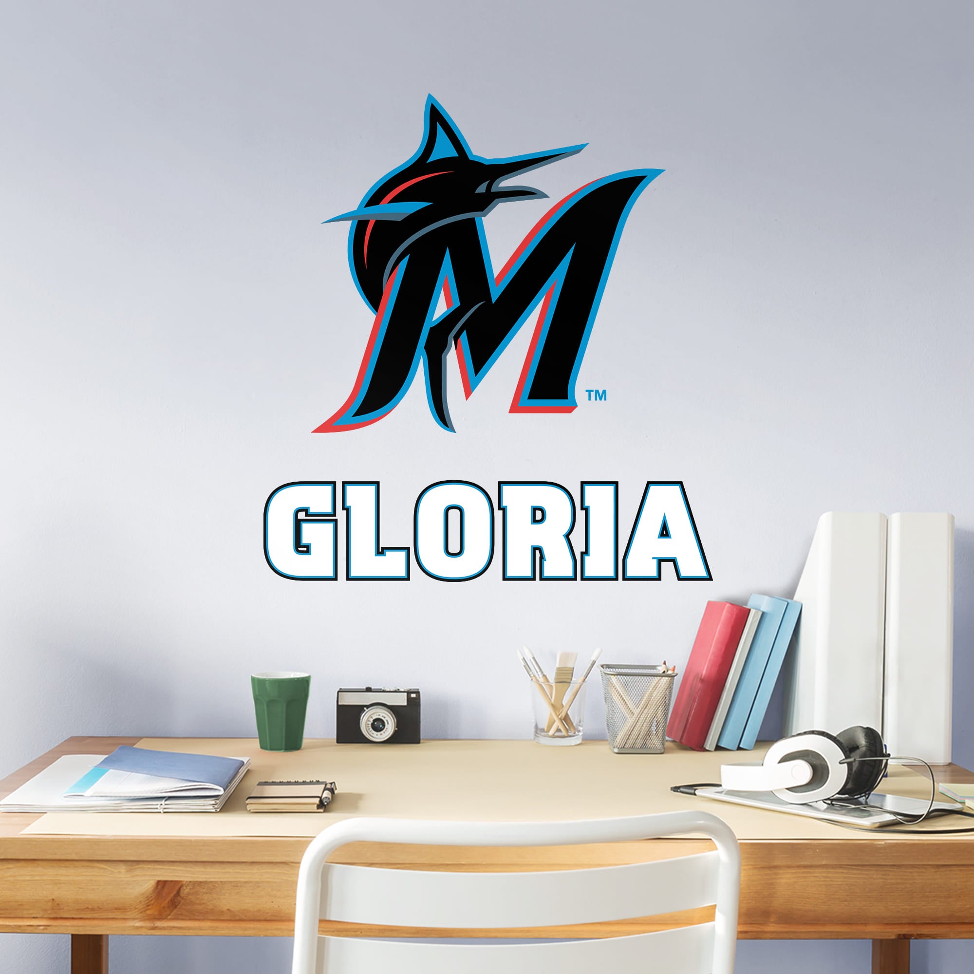 Miami Marlins: Stacked Personalized Name - Officially Licensed MLB Transfer Decal in White (52"W x 39.5"H) by Fathead | Vinyl